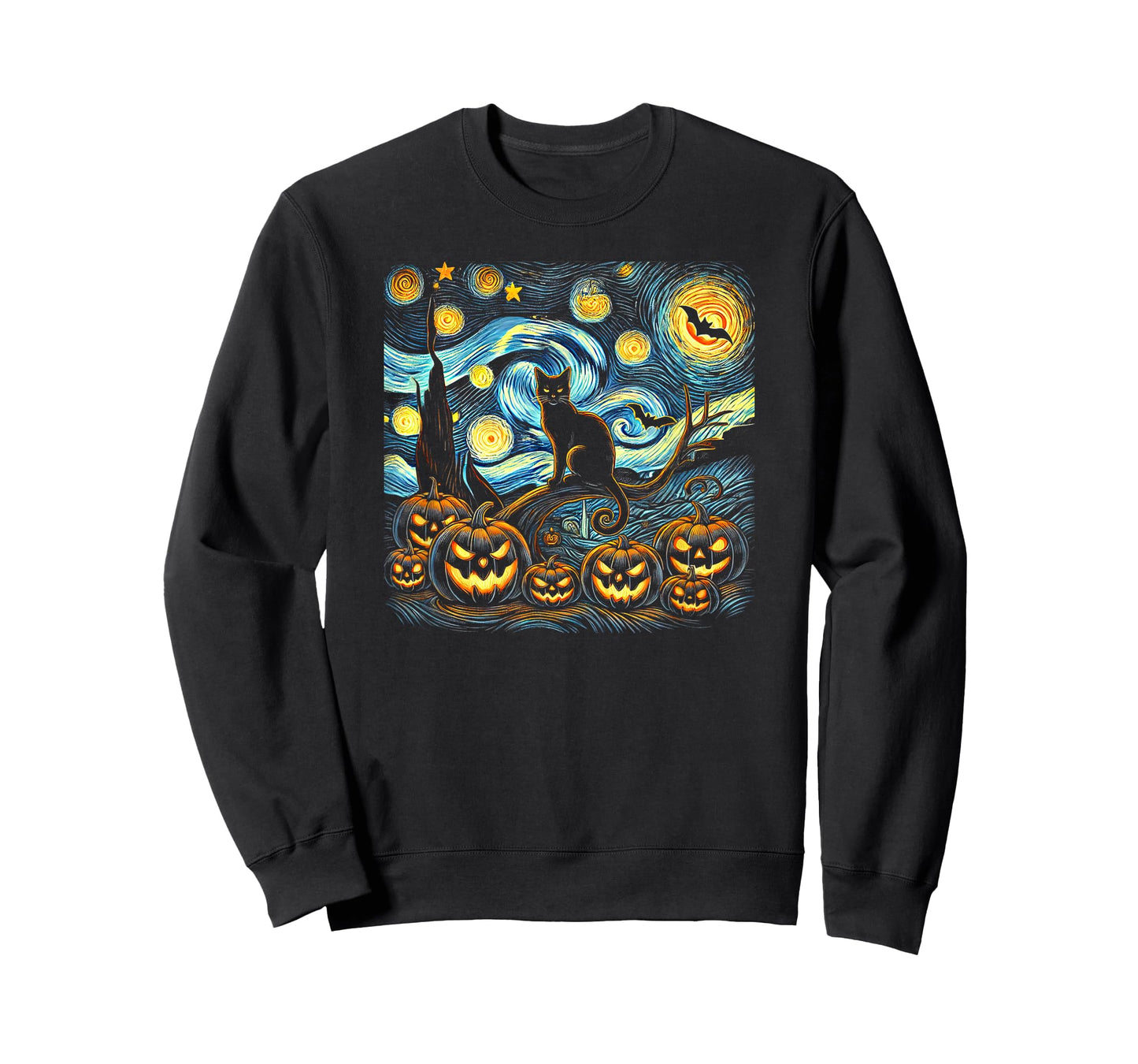 Halloween Van Gogh Starry Night Pumpkin Black Cat Costume T-Shirt