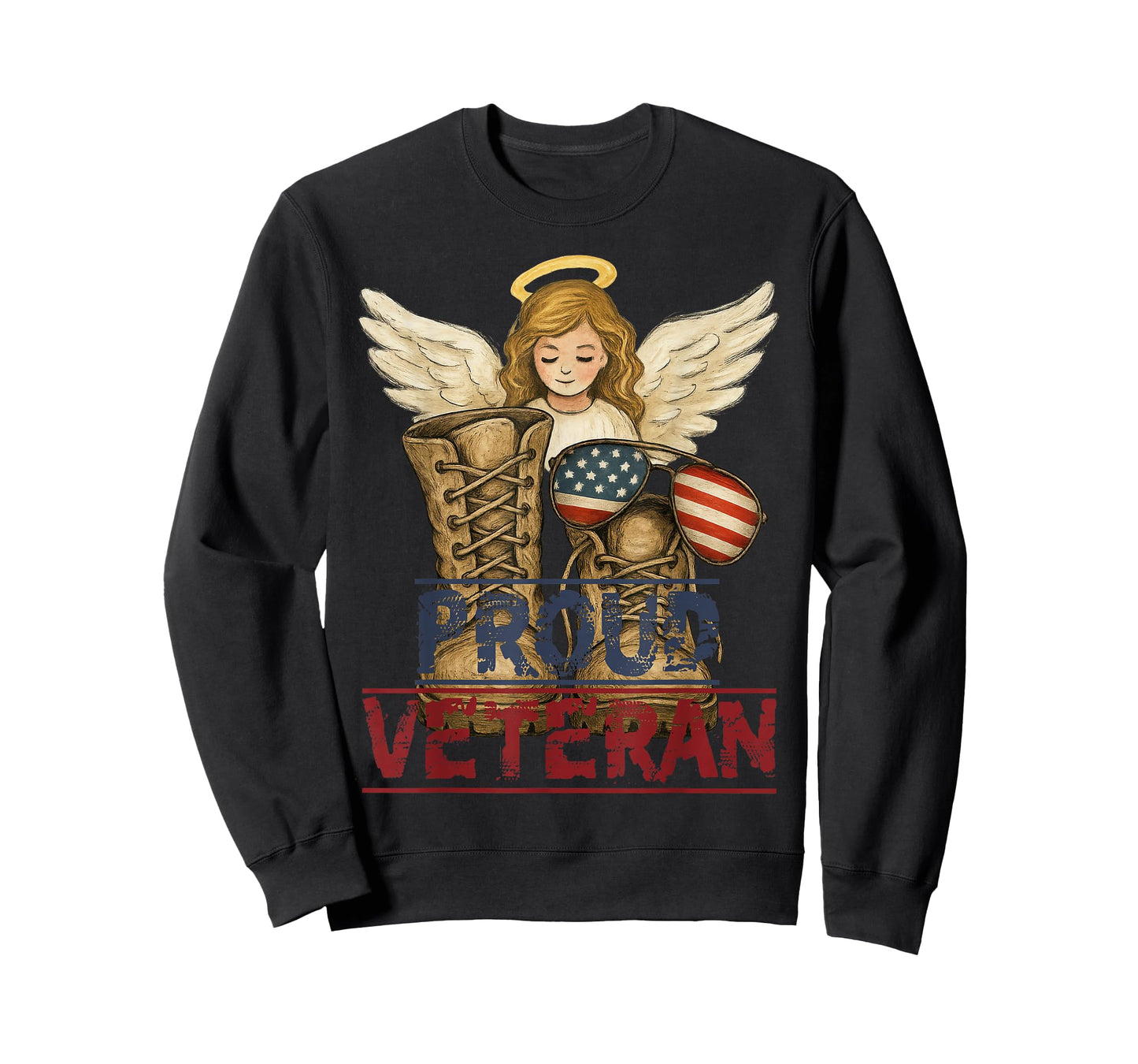 Proud Veteran Angel Wings with Combat Boots and USA Flag T-Shirt