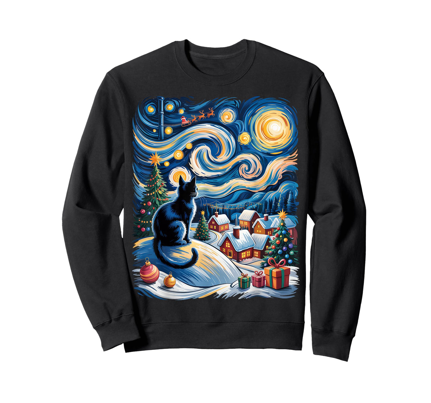 Christmas Cat Van Gogh Starry Night Xmas Cat Kitten Graphic T-Shirt