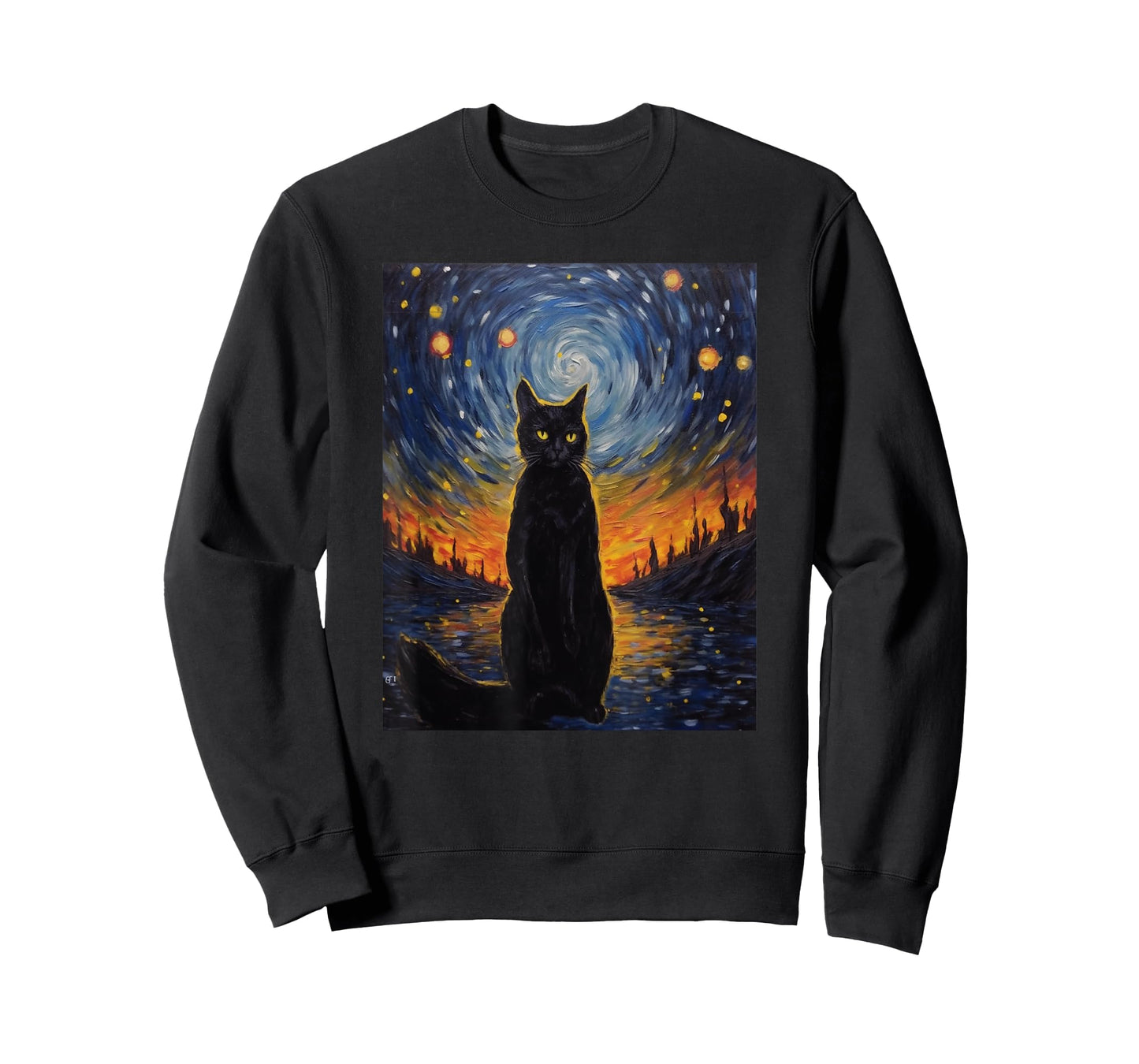 black cat Painting art Starry Night kitty kitten Van Gogh T-Shirt