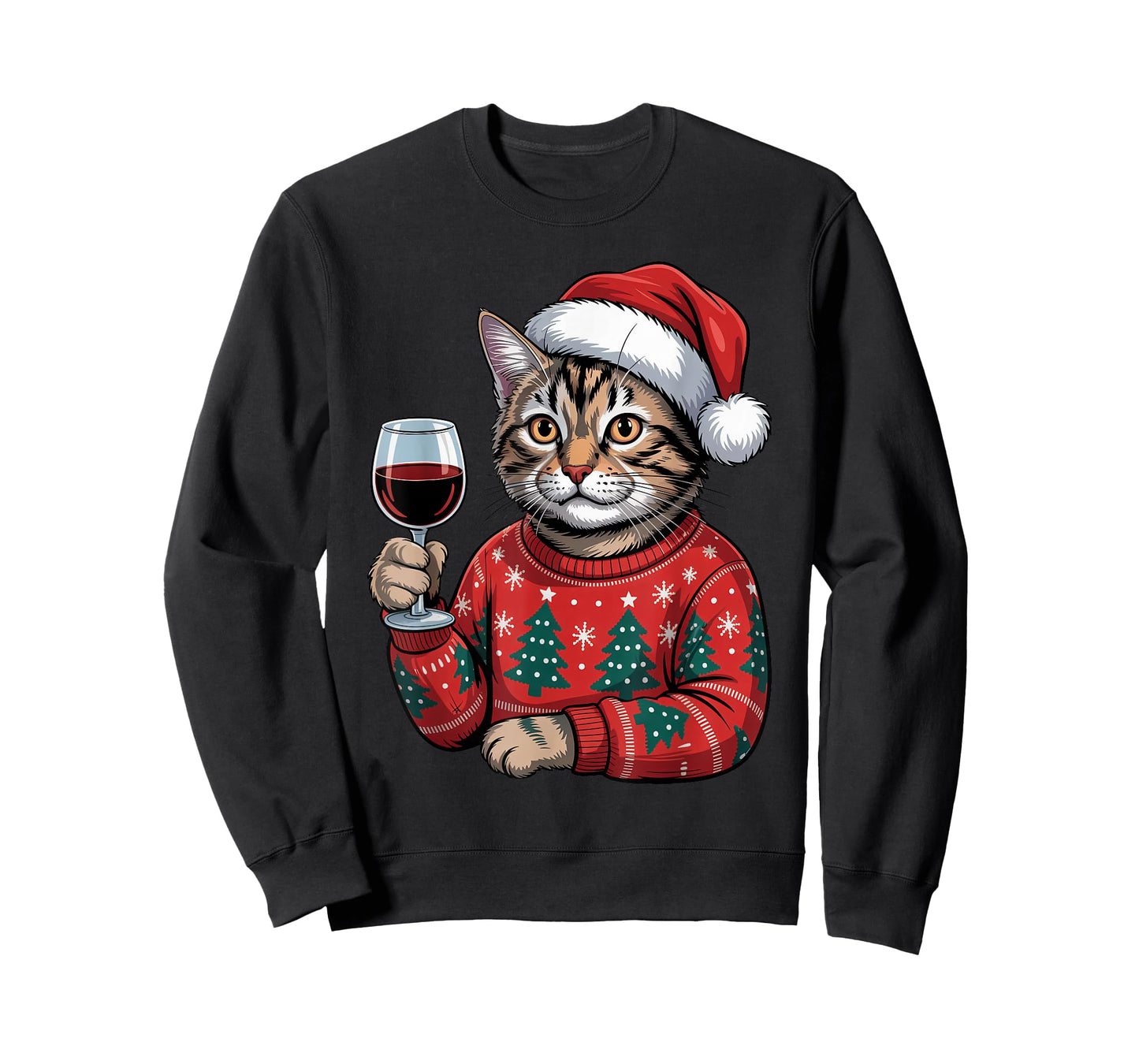 Christmas Santa Cat Drinking Wine Pajama Ugly Xmas Sweater T-Shirt