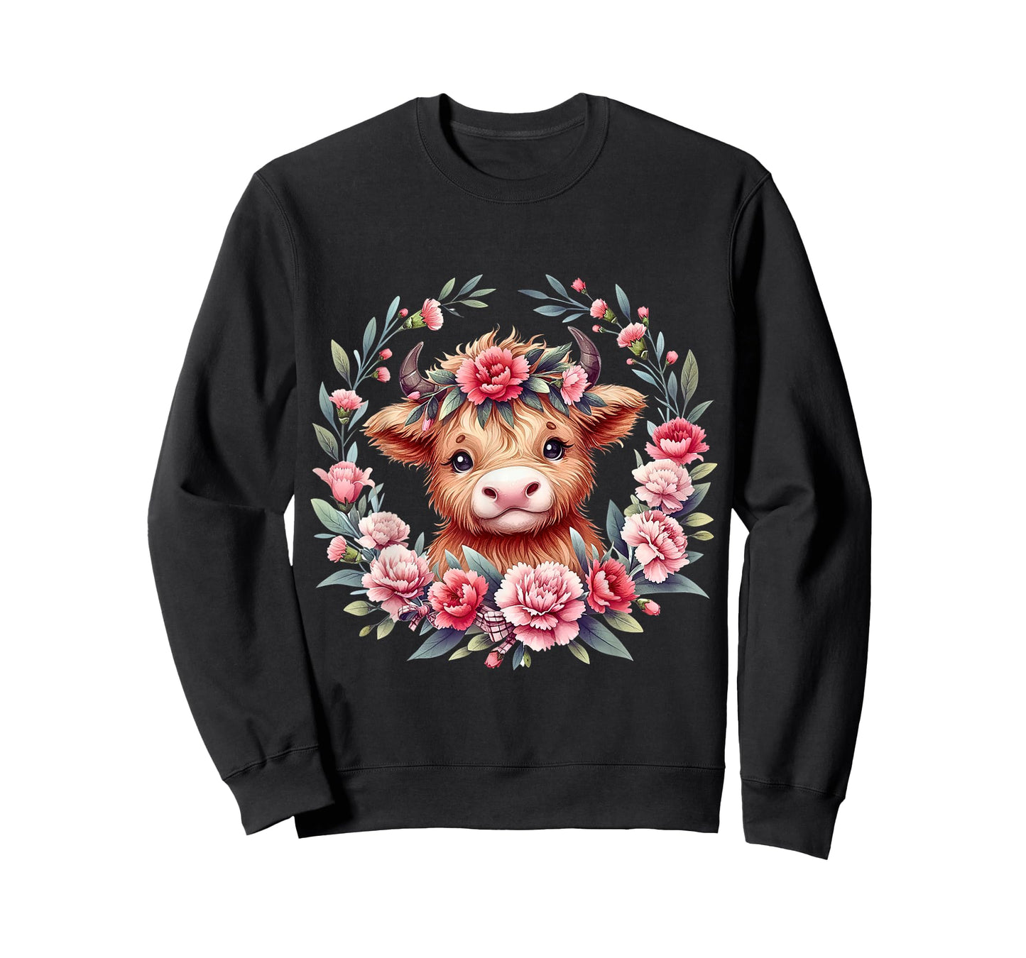 Cute Baby Highland Cow With Carnation Flower Scottish Farm T-Shirt