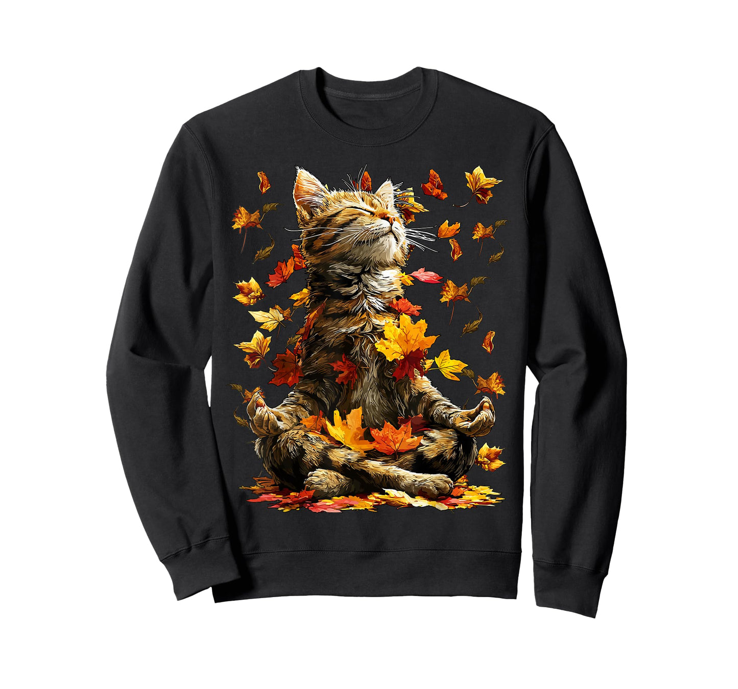Cute Tabby Cat Fall Leaves Meditating Animal Yoga Autumn Art T-Shirt
