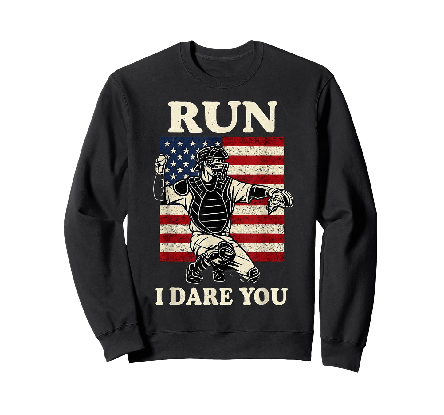 Vintage Run Steal I Dare You Baseball Fans Catcher USA Flag T-Shirt