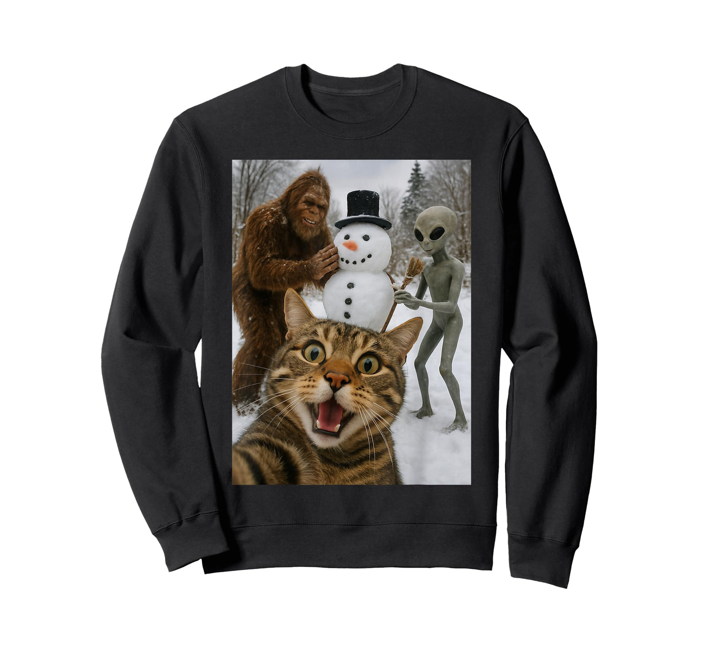 Funny Christmas Cat Selfie with Bigfoot Alien & Snowman T-Shirt