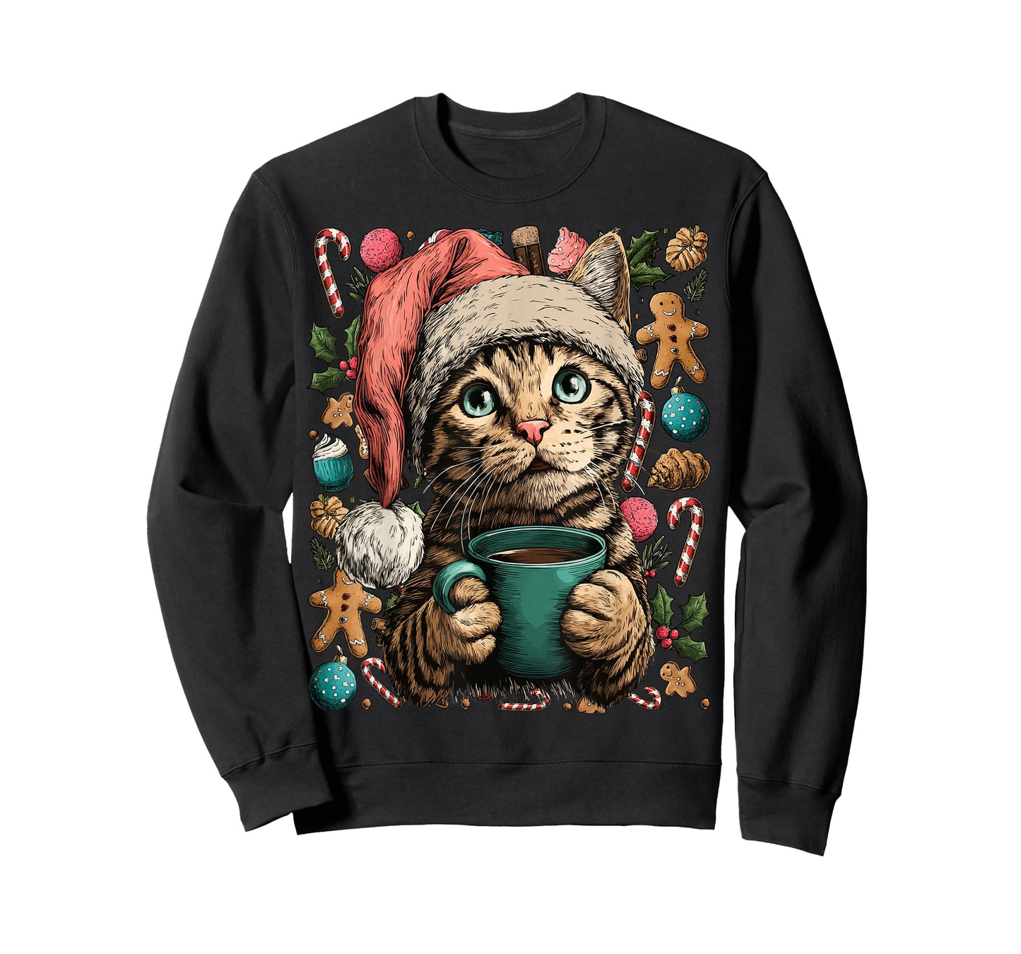 Christmas Tabby Cat with Santa Hat Cocoa Cookies Kitten T-Shirt