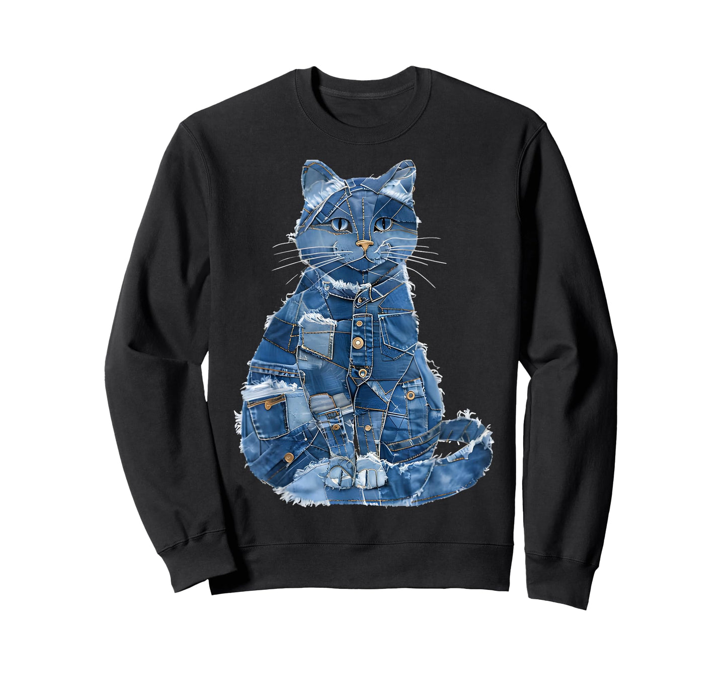 Retro Cat Pattern Denim Patchwork Graphic Art T-Shirt
