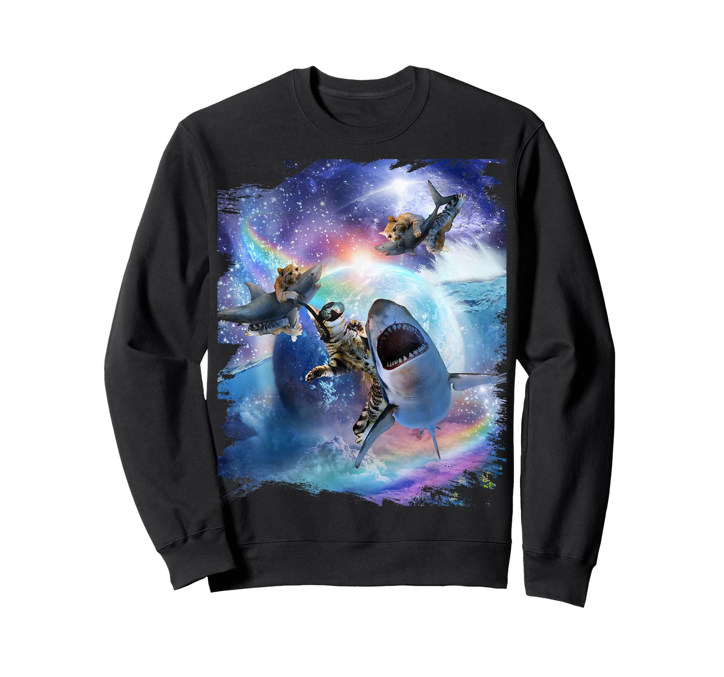 Rainbow Galaxy Cat Riding Shark in Space T-Shirt