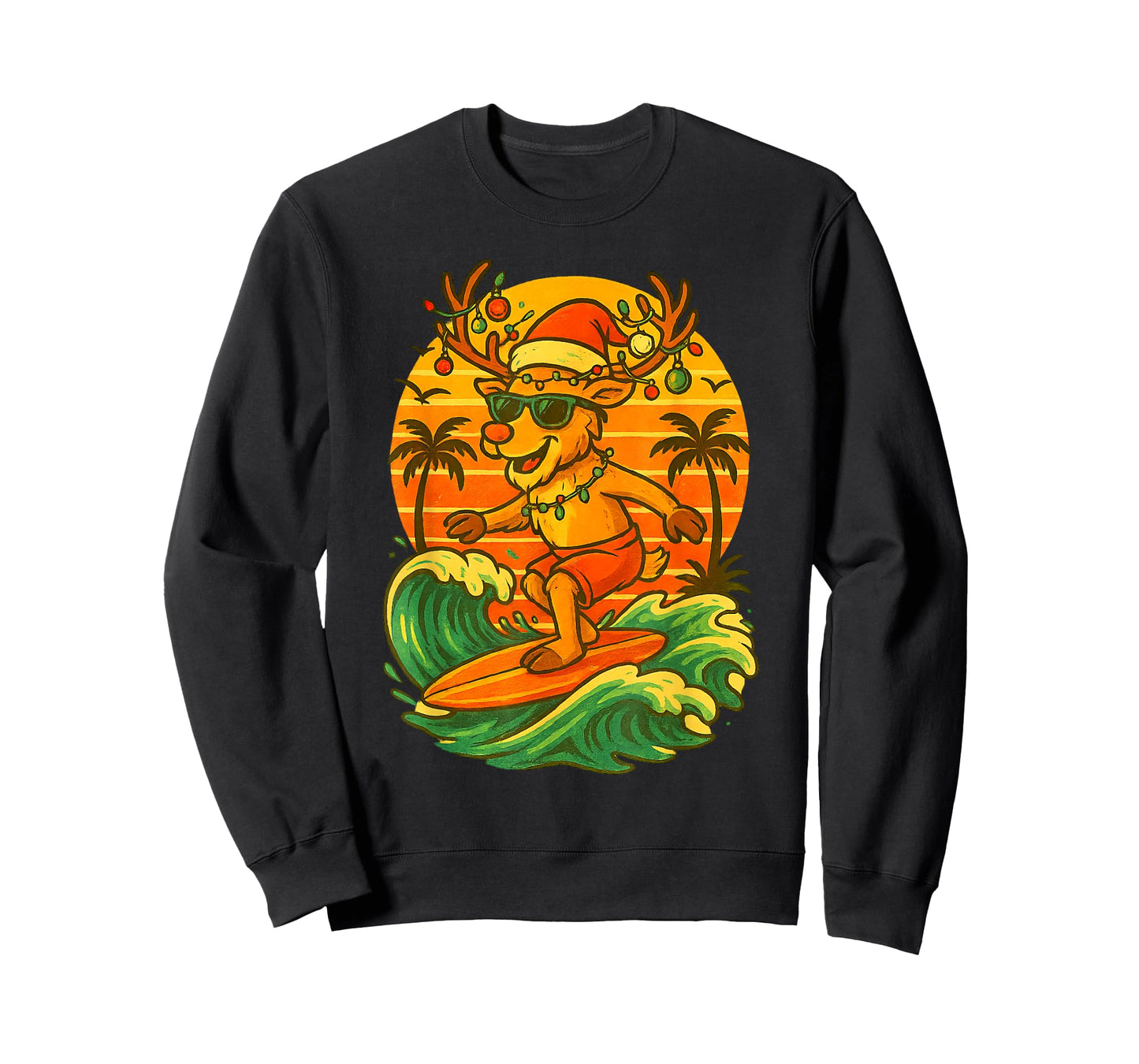 Reindeer Surfing Summer Beach Santa Lights Christmas in July T-Shirt