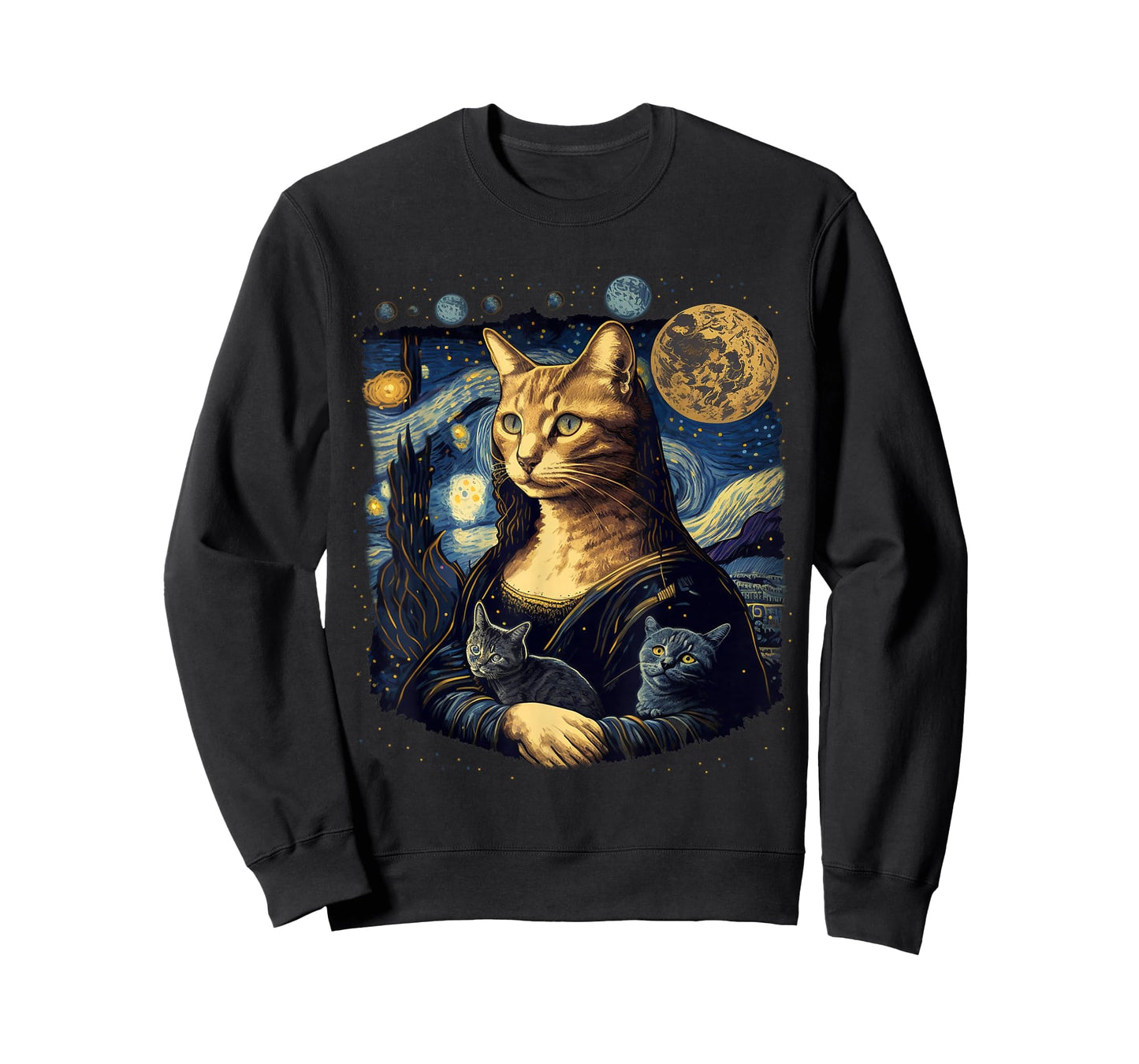 Cat Mona Lisa With Cats Starry Night Van Gogh Funny Art T-Shirt