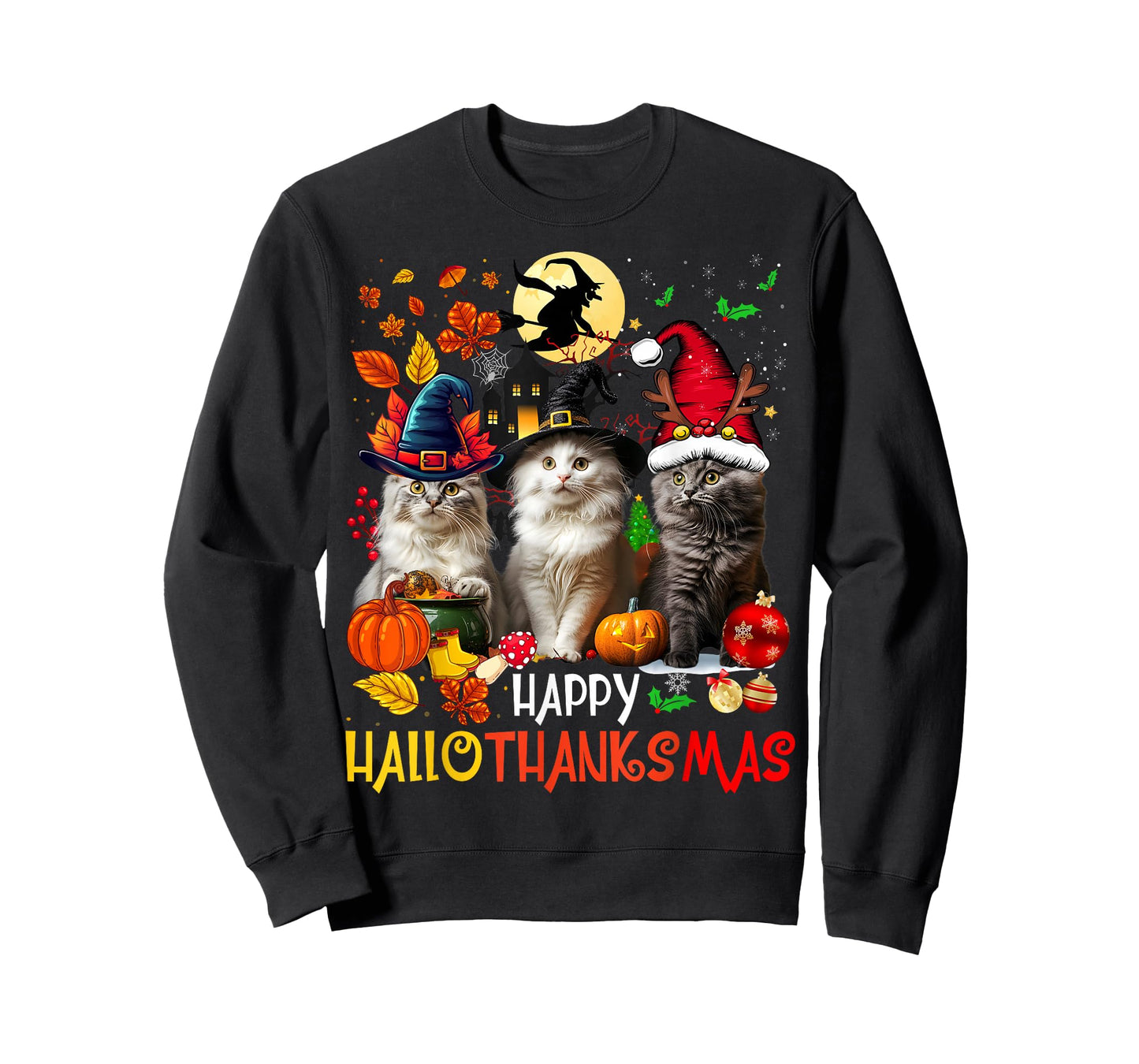 Halloween Thanksgiving Christmas Happy HalloThanksMas Cats T-Shirt