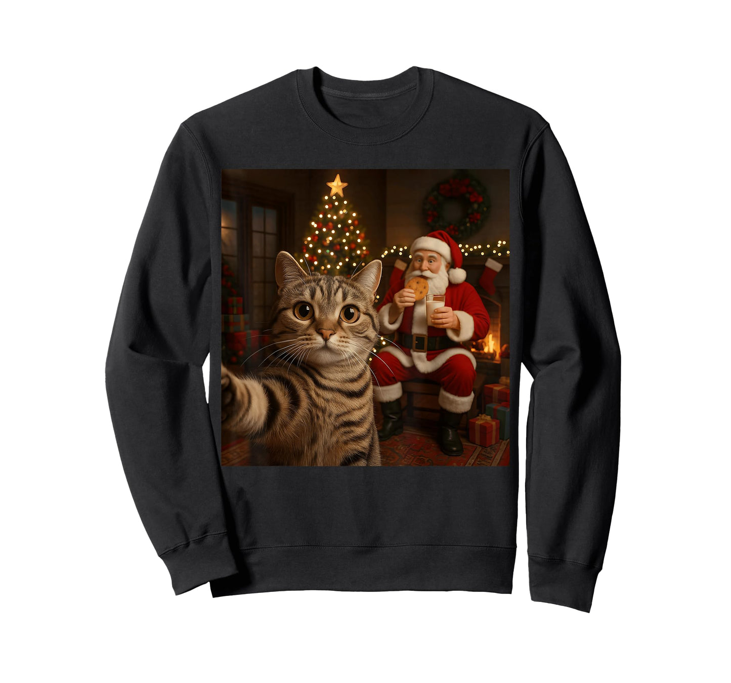 Funny Cat Selfie Santa Claus Eating Cookies Christmas Meme T-Shirt