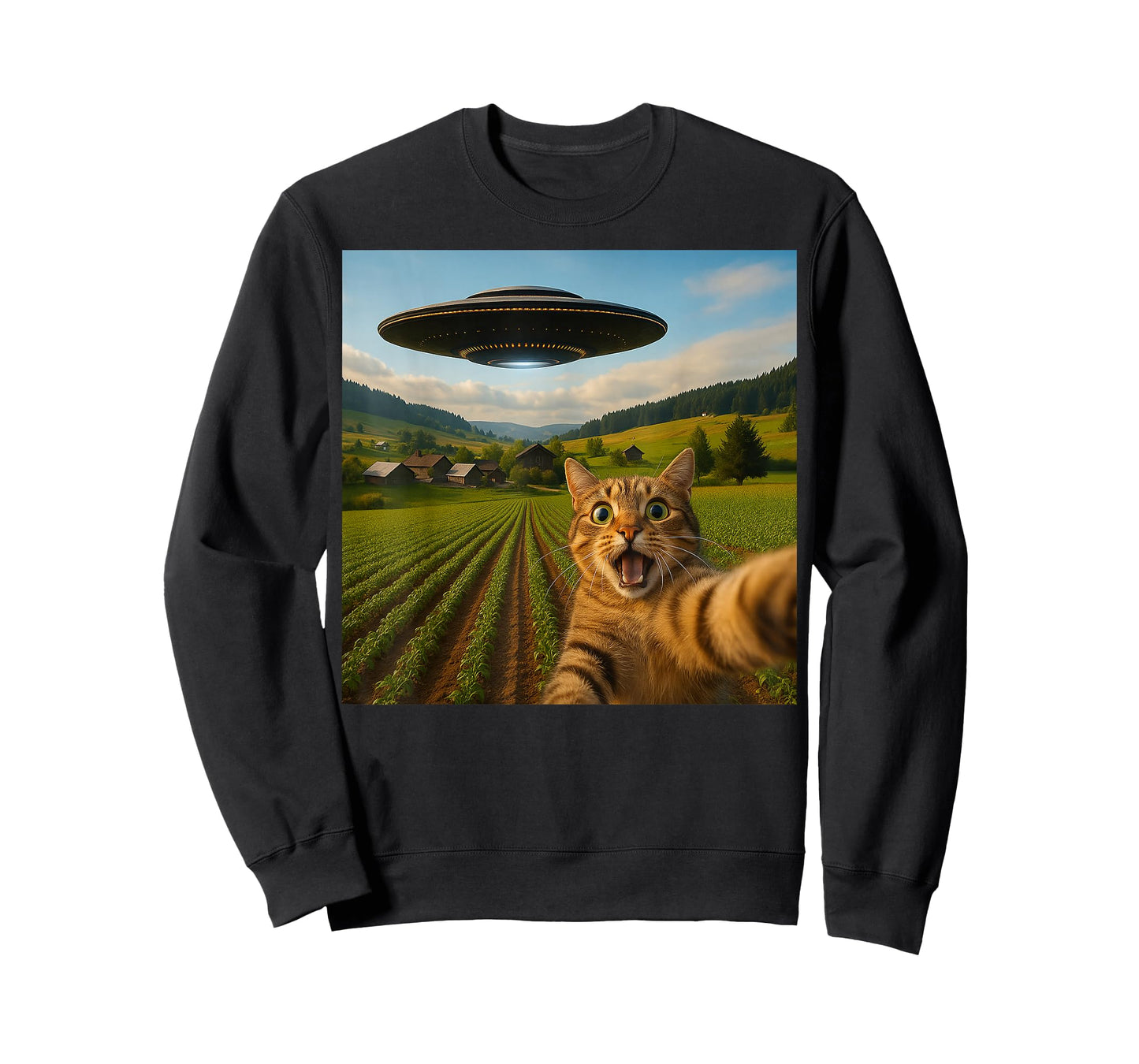 Funny Cat Selfie with Alien UFO for Men Women Kid T-Shirt