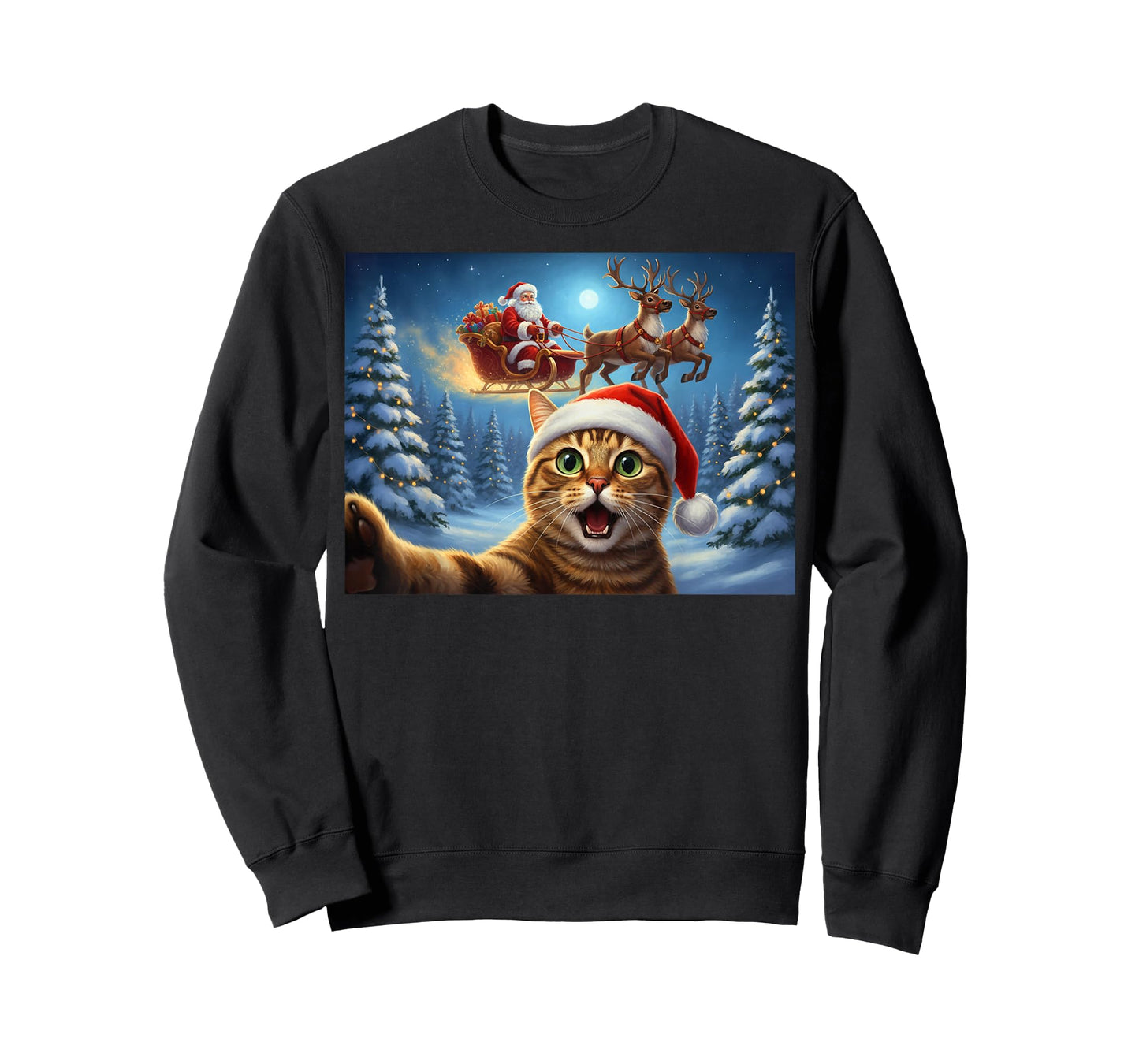 Cat Selfie Santa Claus Sleigh Reindeer Christmas Xmas Eve T-Shirt