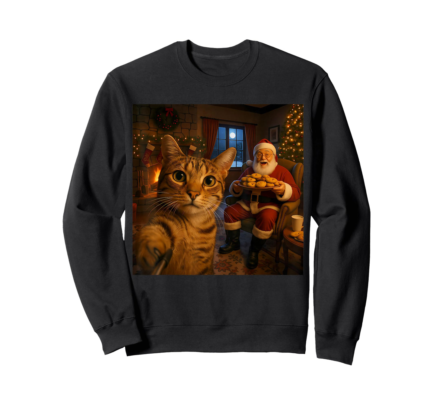 Funny Cat Selfie with Santa Claus Christmas Meme Men Women T-Shirt