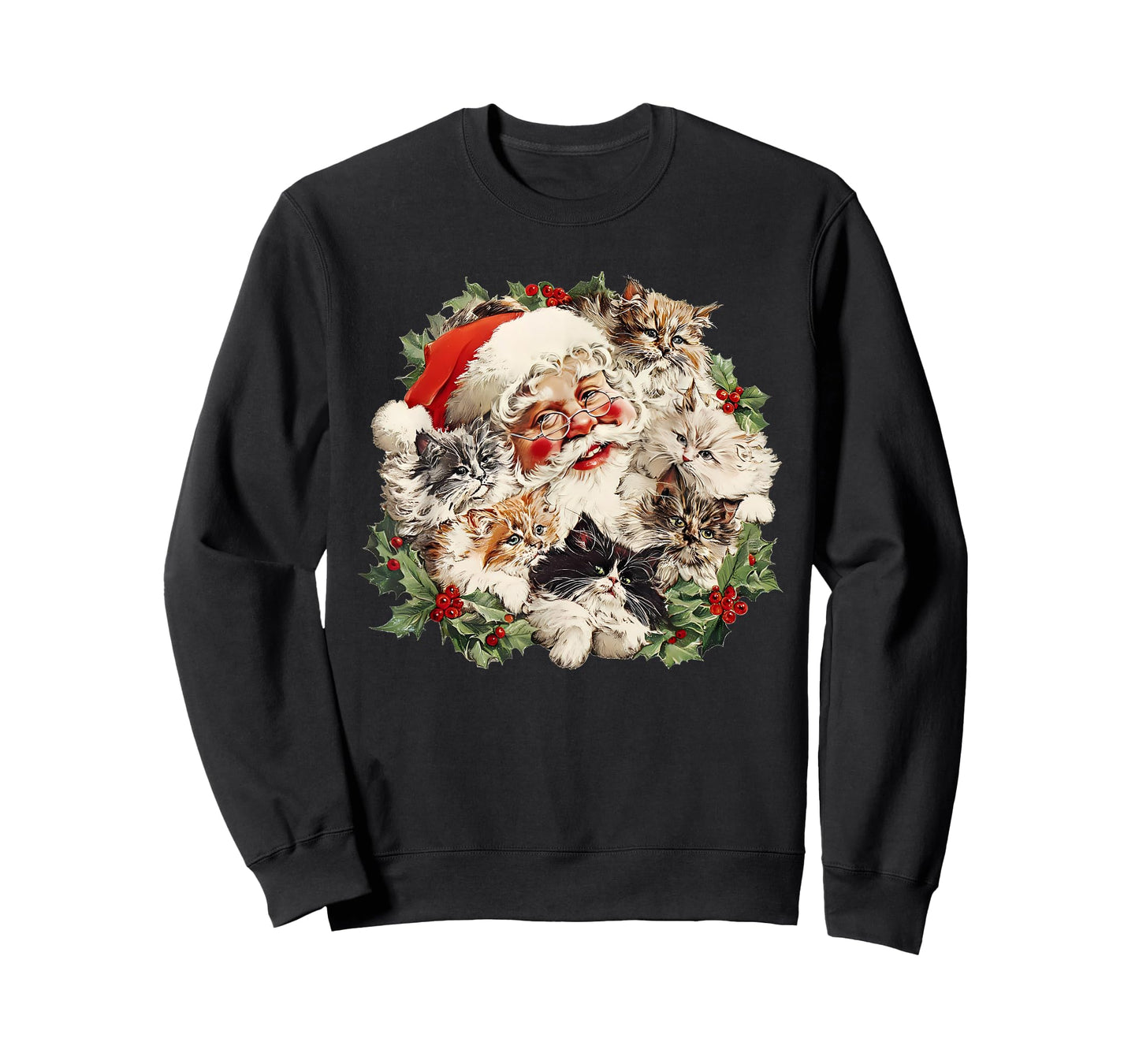 Funny Vintage Santa Claus and Kittens Cats Christmas Wreath T-Shirt