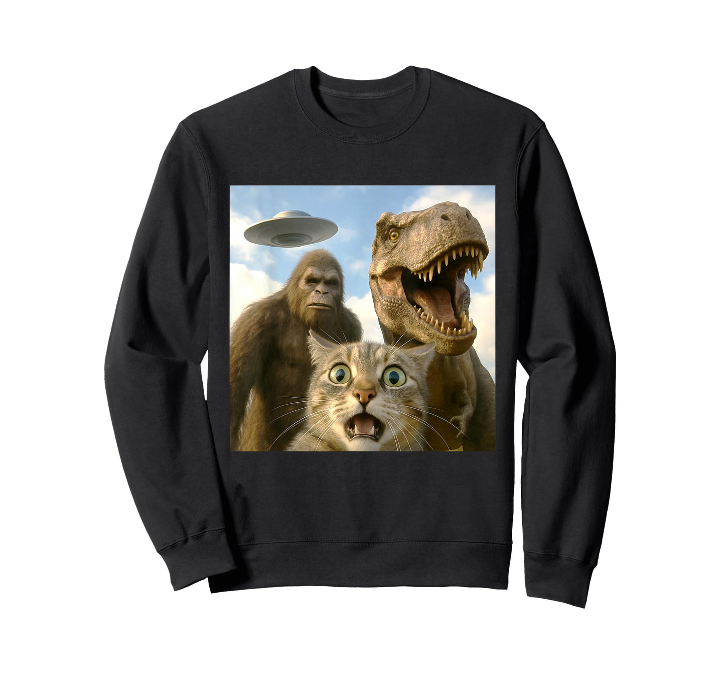 Funny Cat Selfie with Bigfoot Dinosaur UFO for Men Women T-Shirt