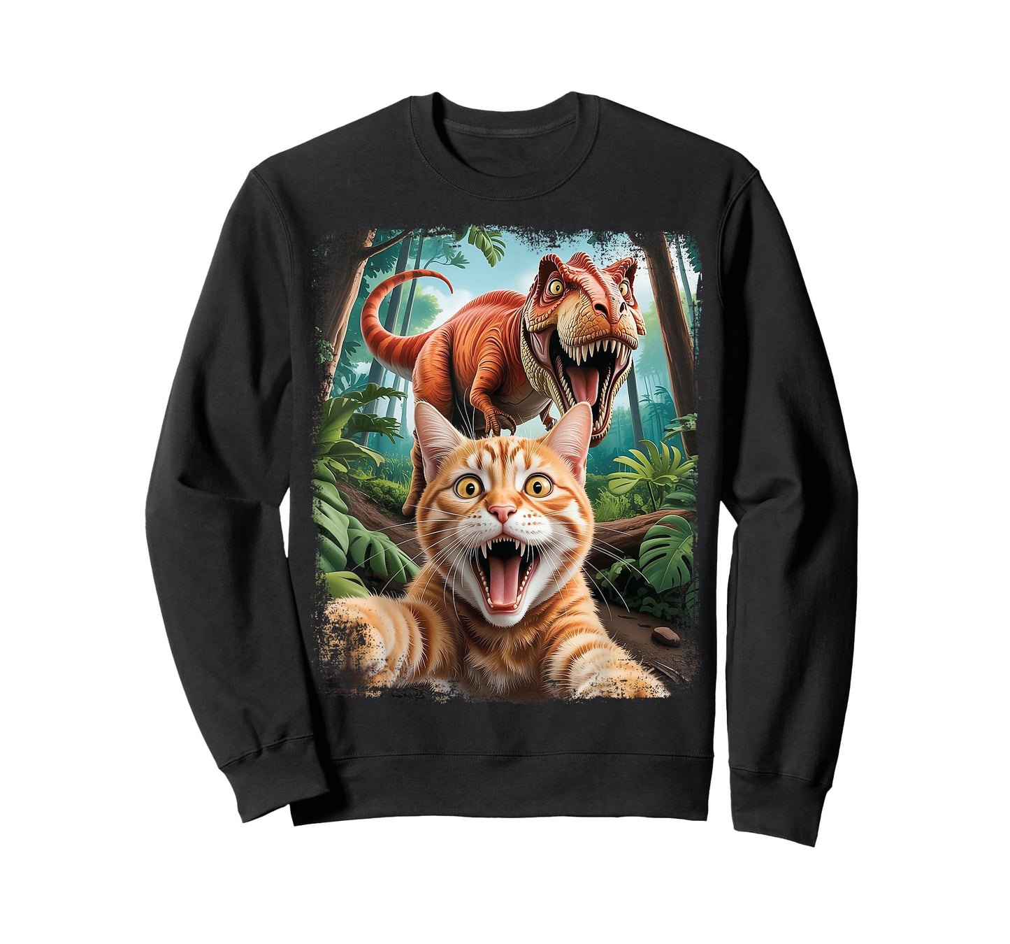 Funny Cat Selfie with Trex Dinosaur Scared T-Shirt