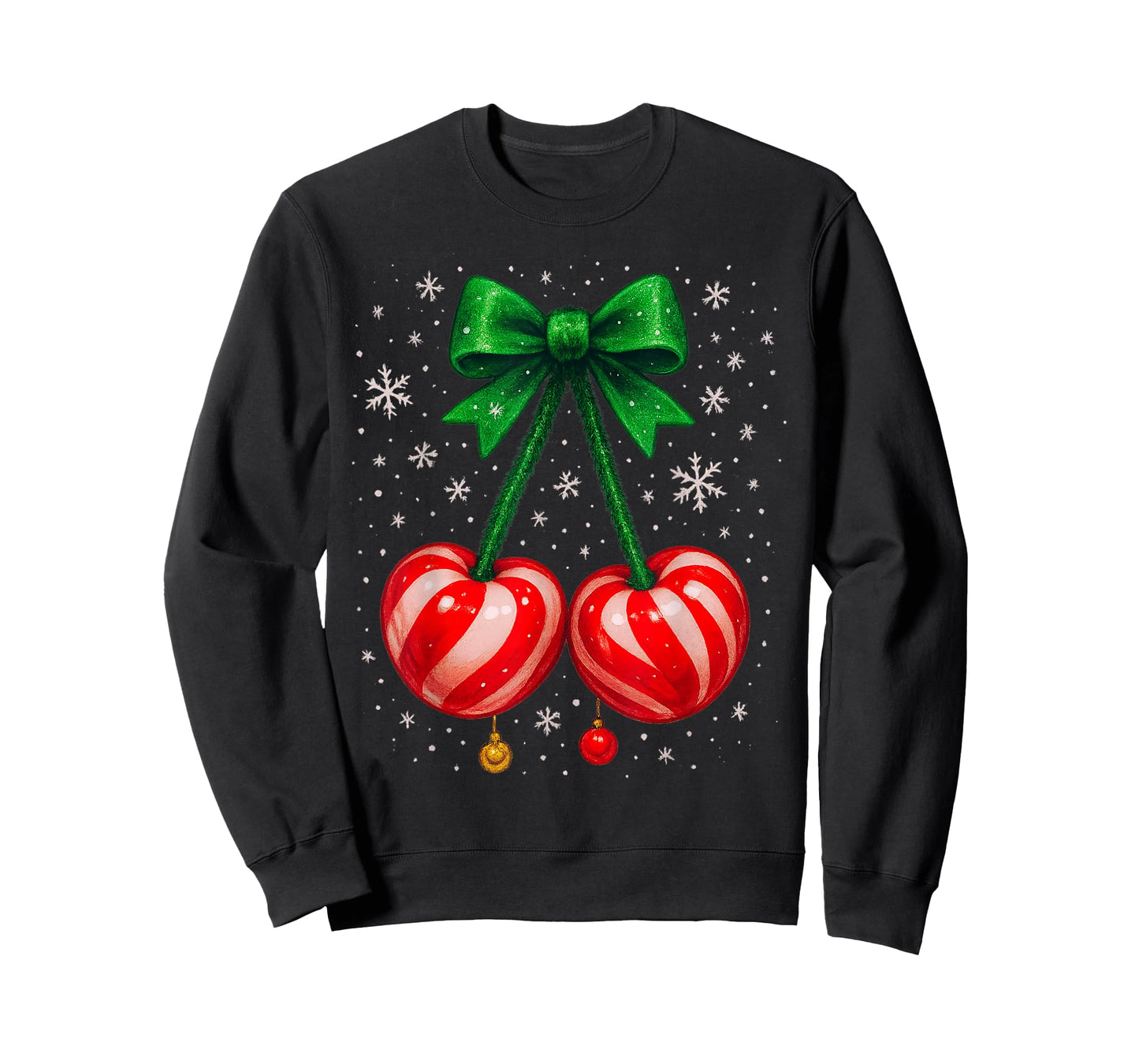 Candycane Cherries with Snowflakes and Green Bow T-Shirt