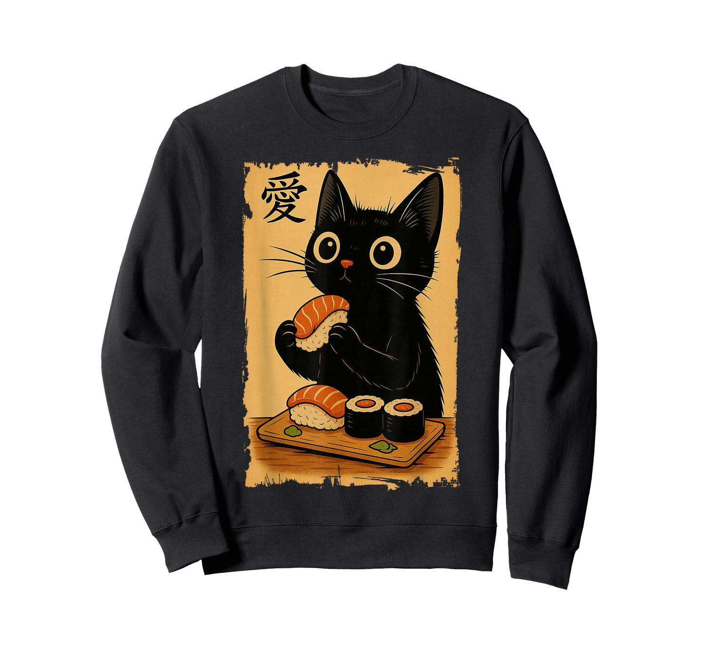 Cute Kawaii Black Cat Eating Sushi Funny Japanese Black Cat T-Shirt