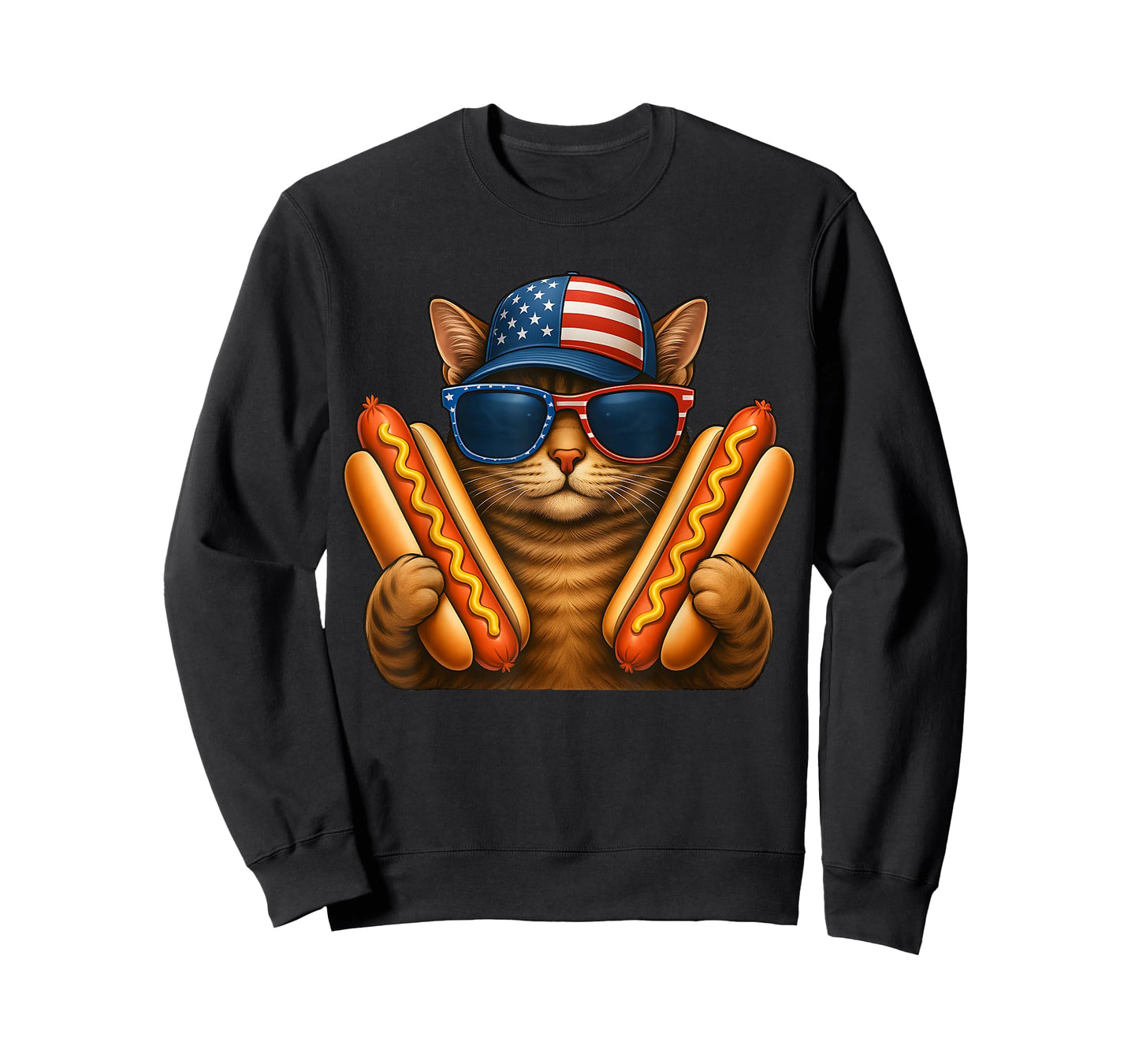 Cat with American Flag in a Hat and Hotdog for 4th of july Men Women Kids T-Shirt