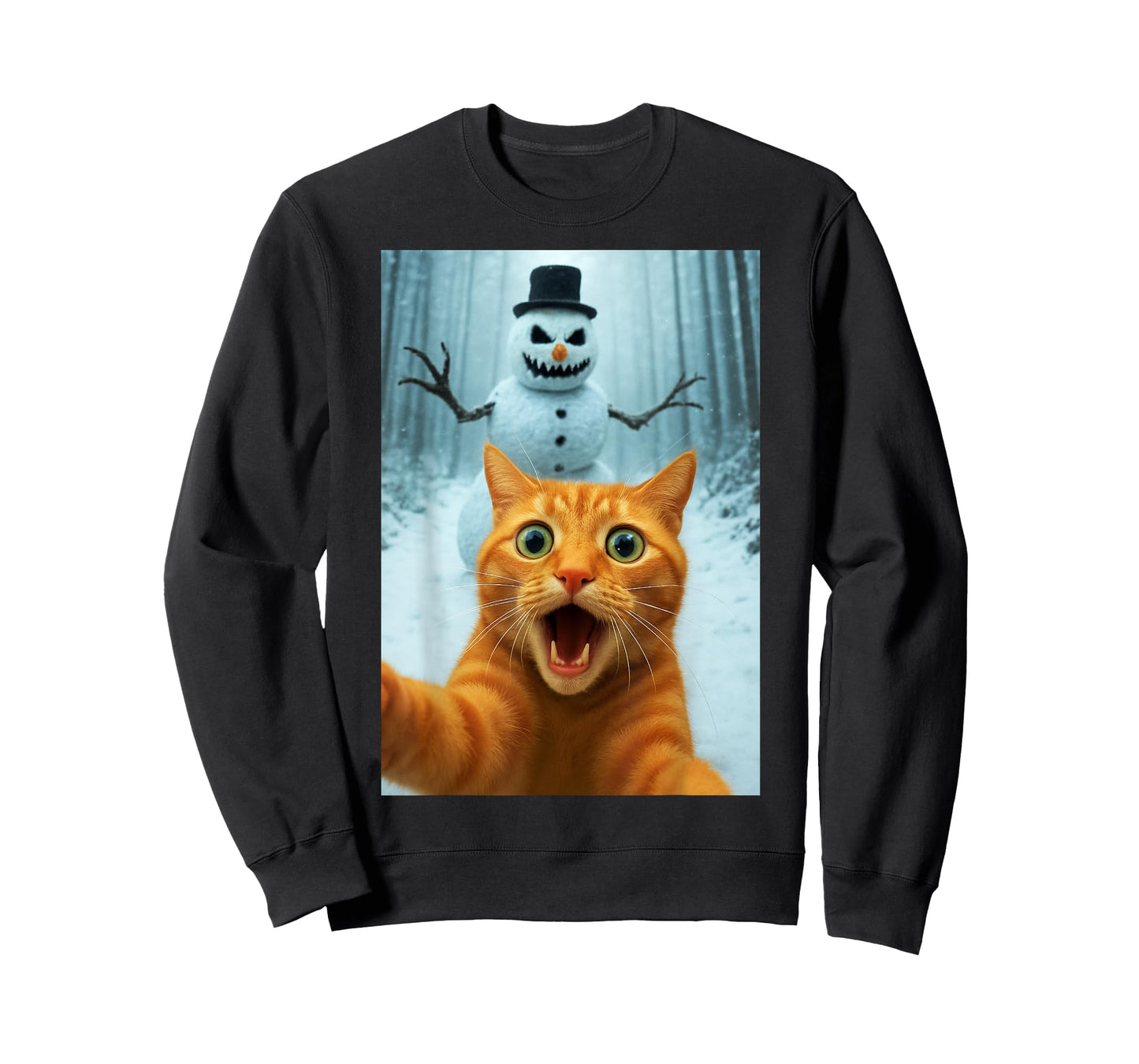 Cat Selfie Scary Snowman Christmas Funny Kitty Humor T-Shirt