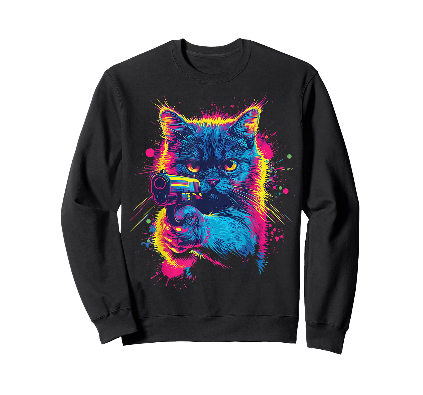 Dinosaurus Rekx Funny Cat With a Gun Graphic T-Shirt, Small, Black