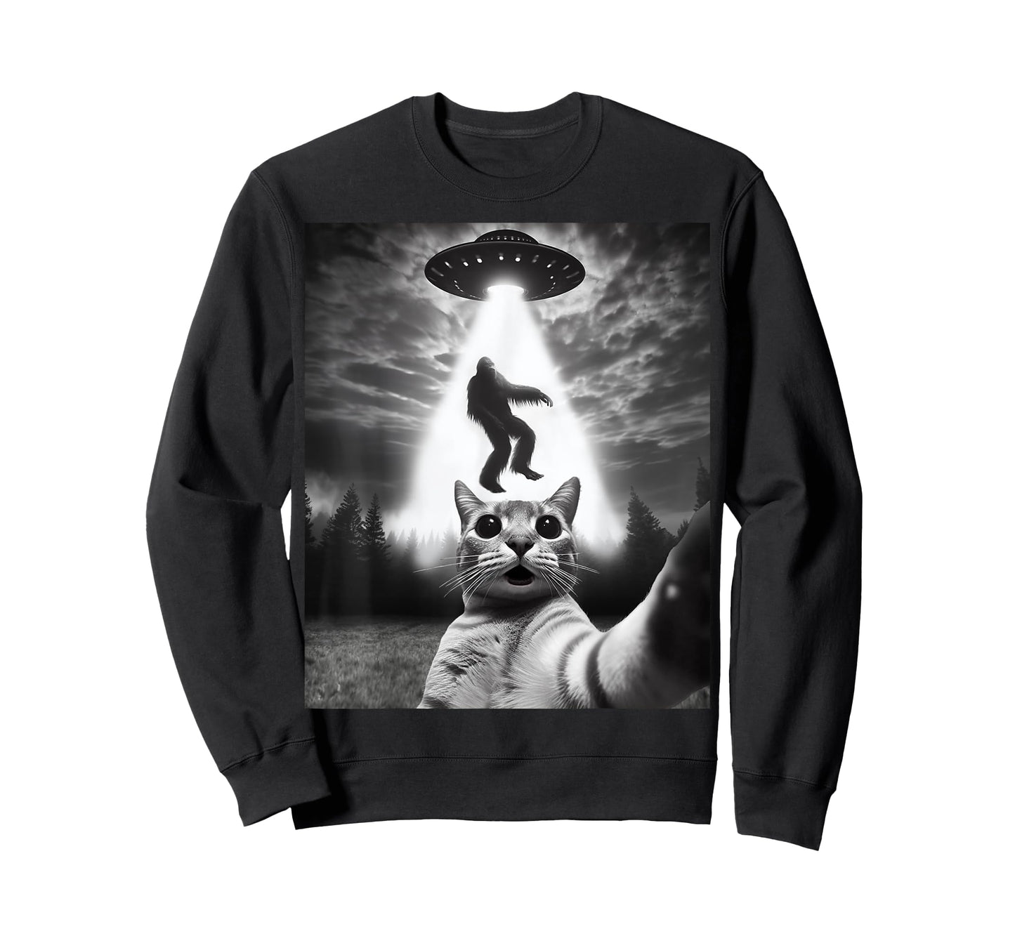 Funny Cat Selfie Flying Alien UFO Abducting Bigfoot Cryptid T-Shirt
