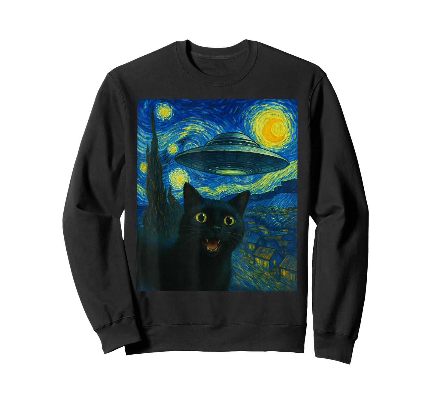 Cat Selfie with Alien UFO Night Van Gogh Gifts Men Women Kid T-Shirt