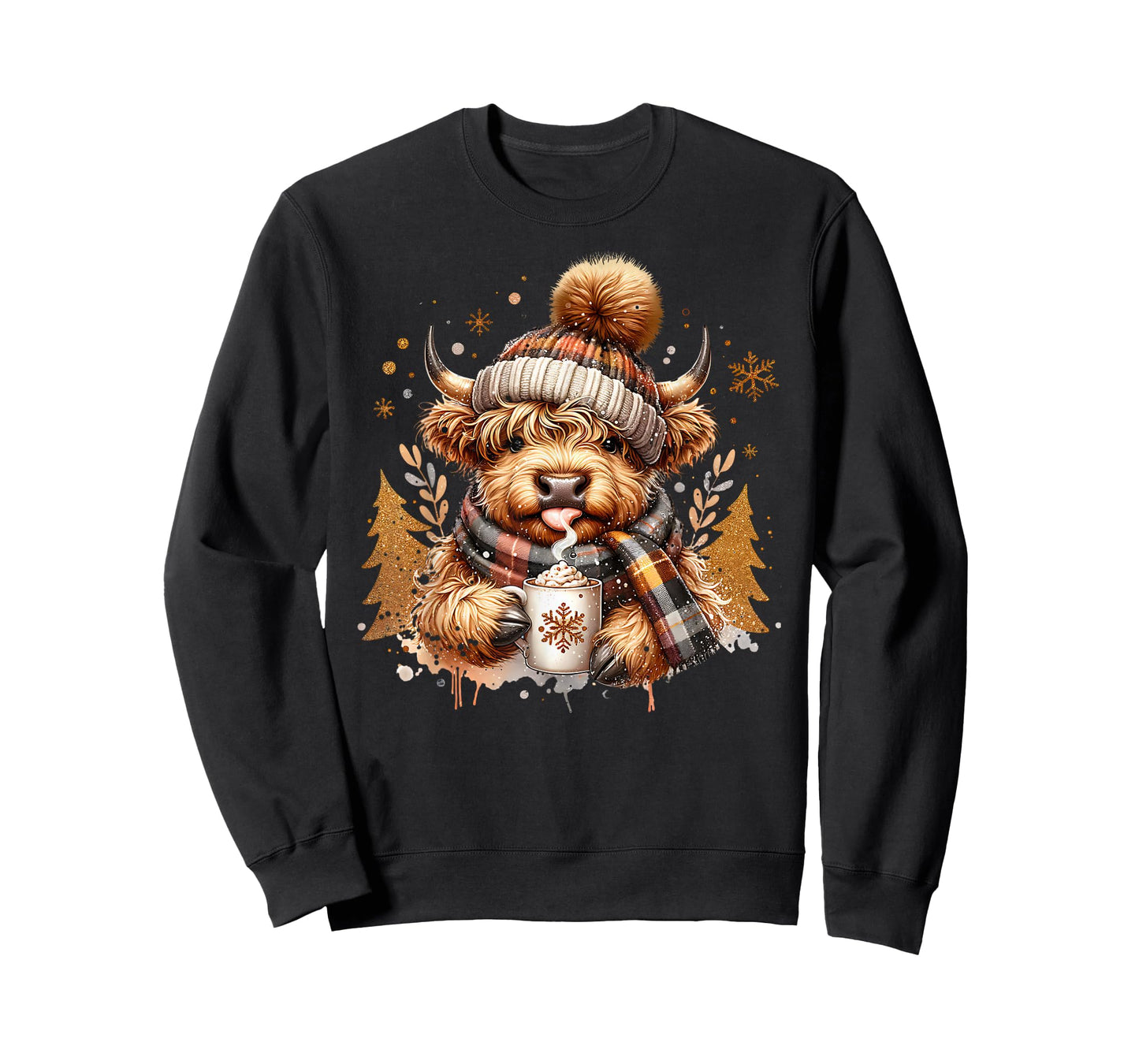 Cute Highland Cow Drinking Coffee Latte Winter Christmas T-Shirt