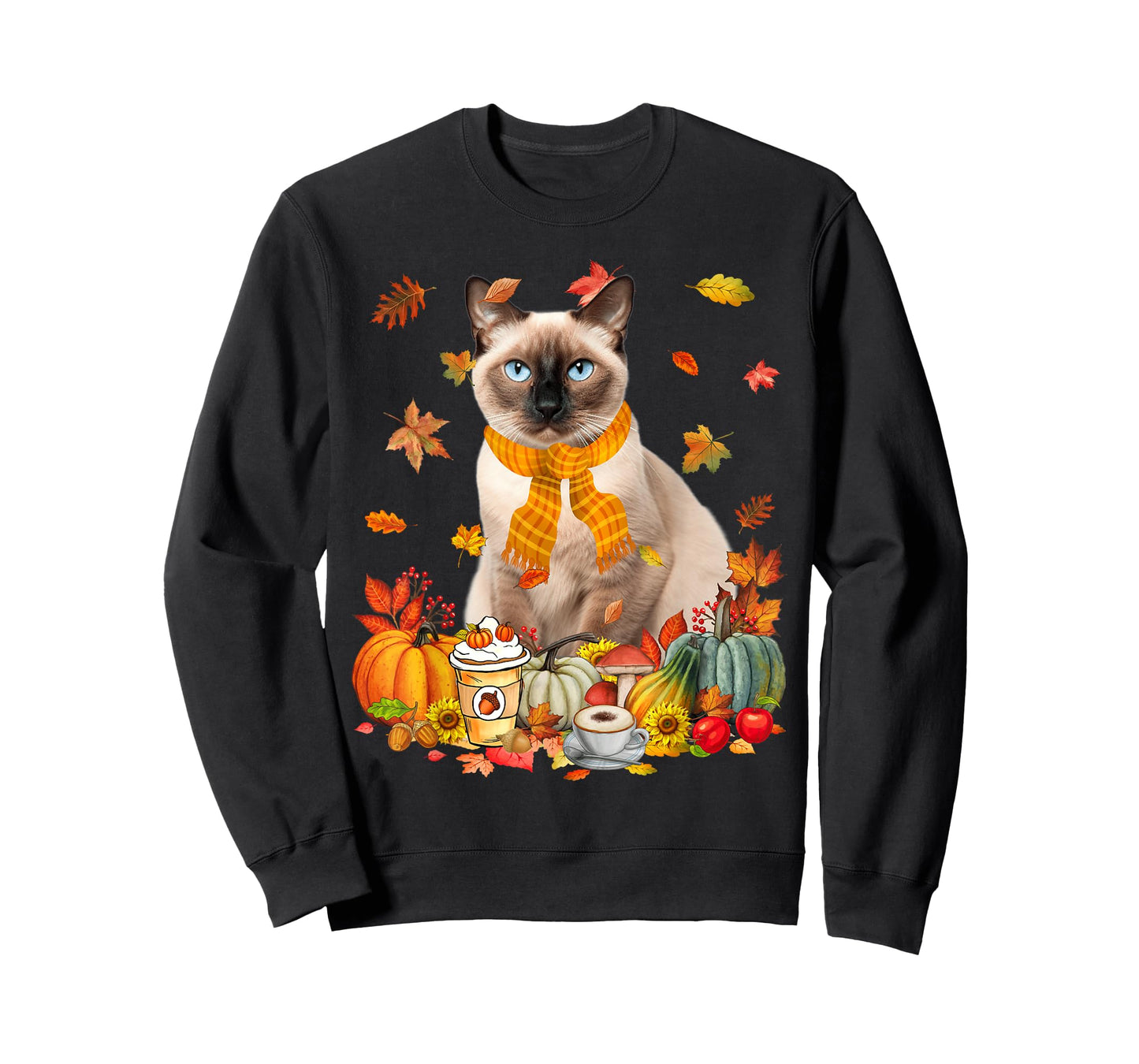 Cup Of Coffe & Siamese Cat Pumpkins Fall Vibes Thanksgiving T-Shirt