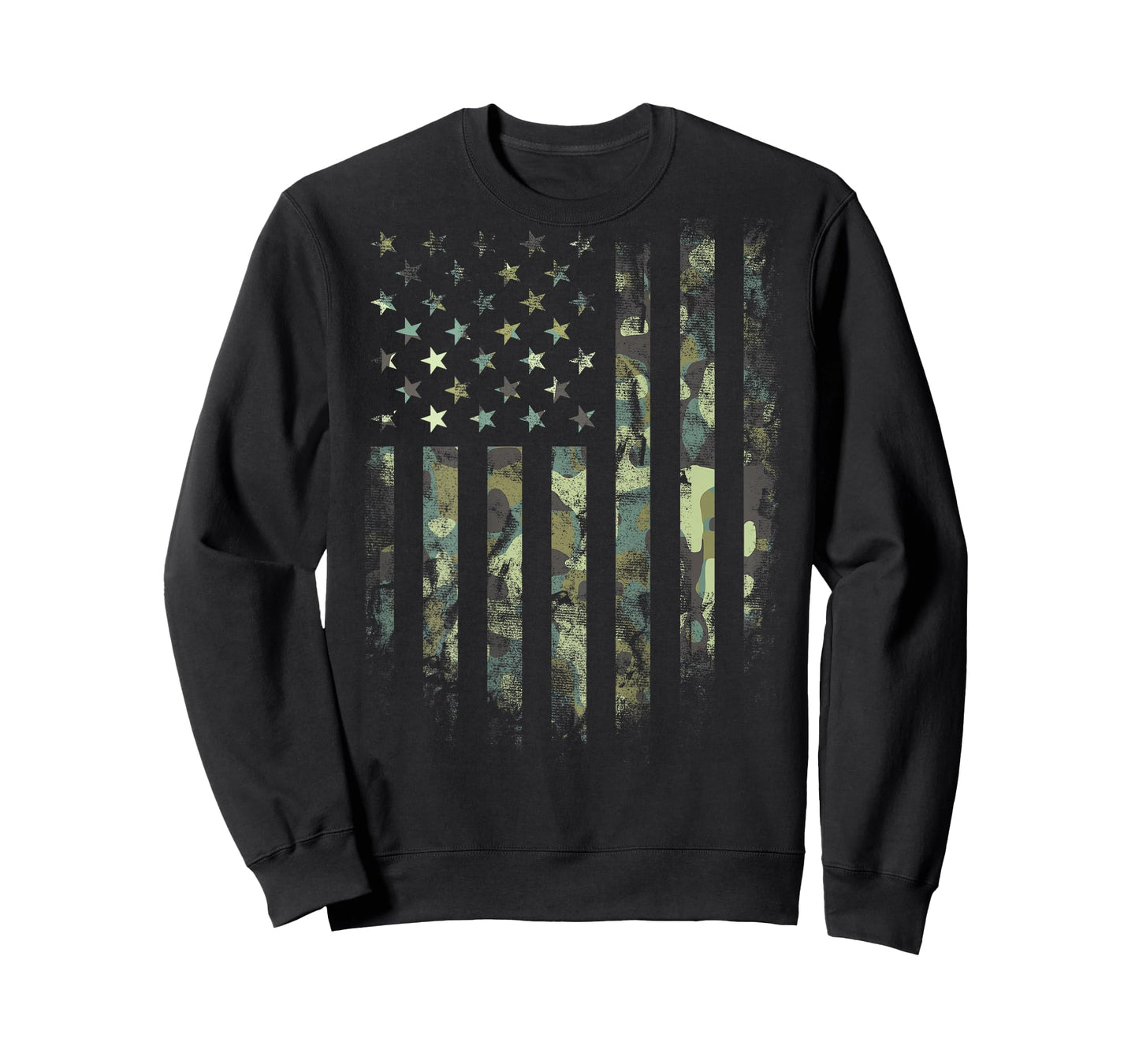 (Art on Back) American Flag Green Camo Camouflage T-Shirt