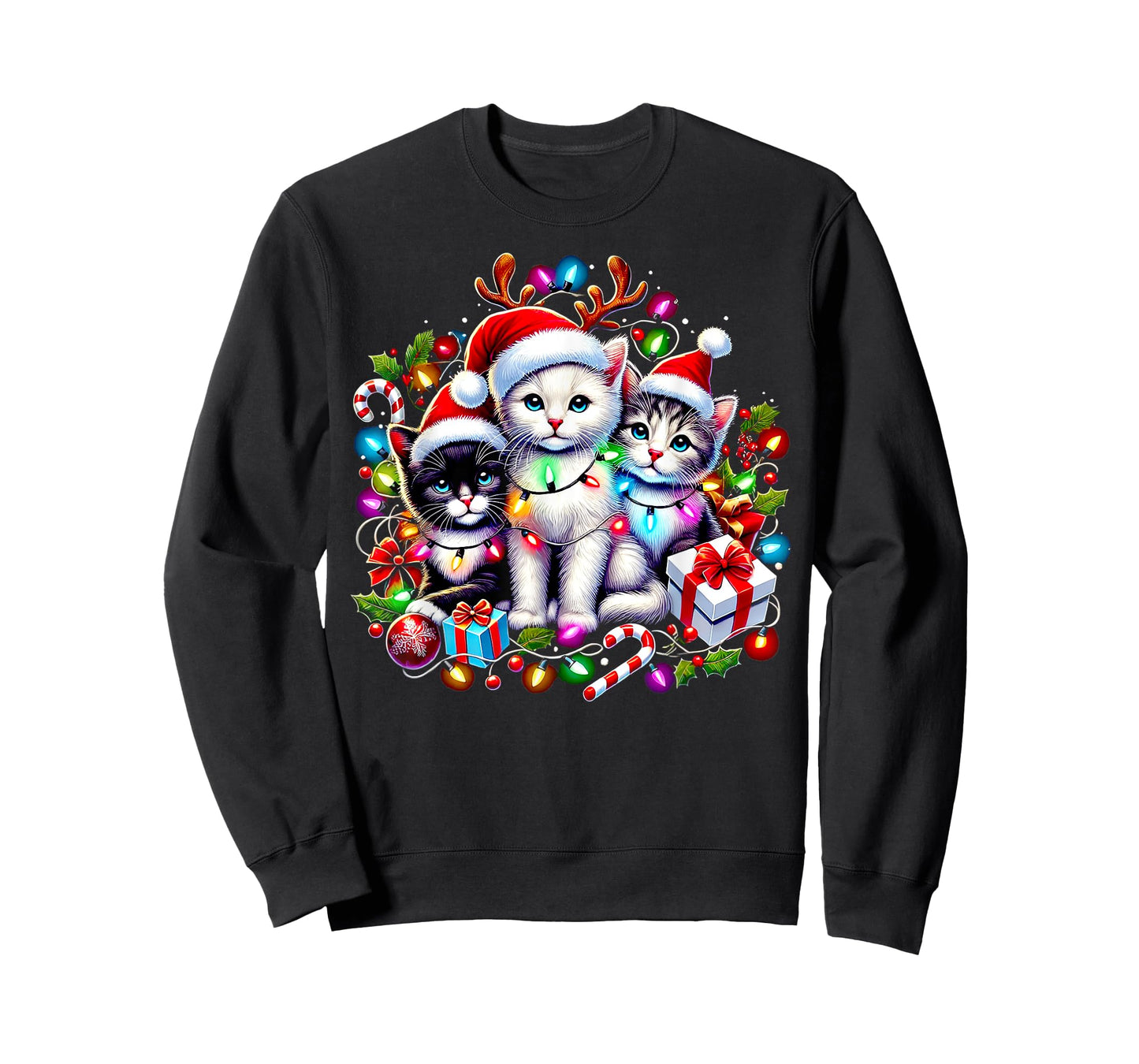 Cute Kittens Christmas Cheer Santa Hats Lights Cats Kittys T-Shirt
