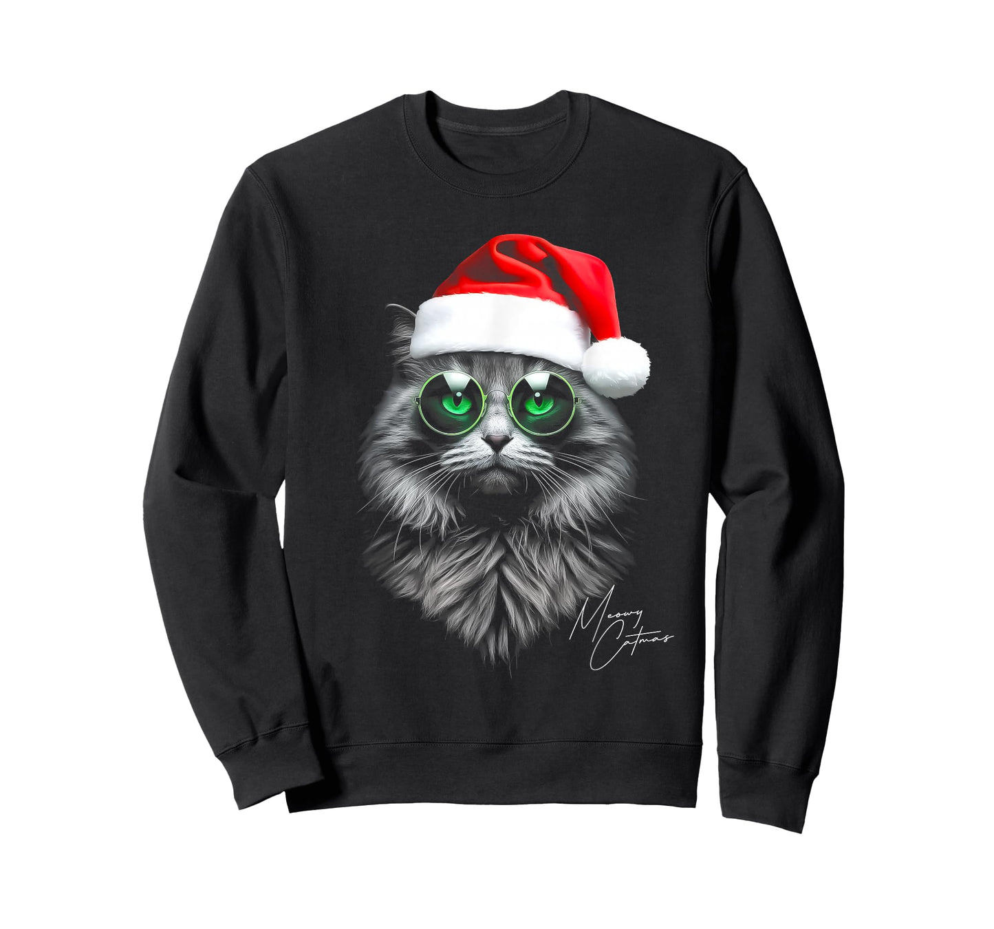 Meowy Catmas Funny Cool Xmas Cat Santa Hat Graphic Holidays T-Shirt