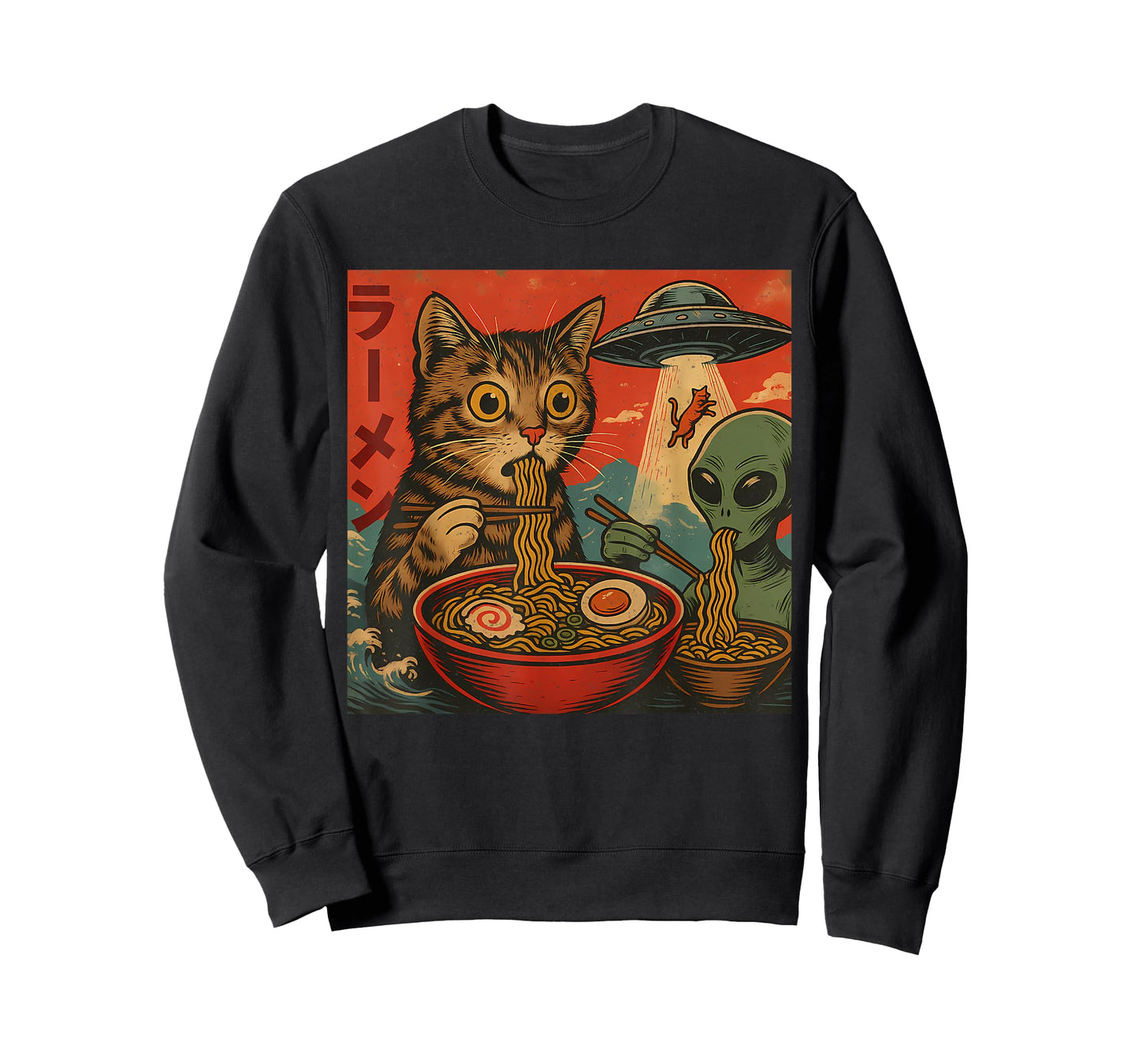 Alien and Cat Ramen Bowl – Funny UFO Japanese Noodle Design T-Shirt