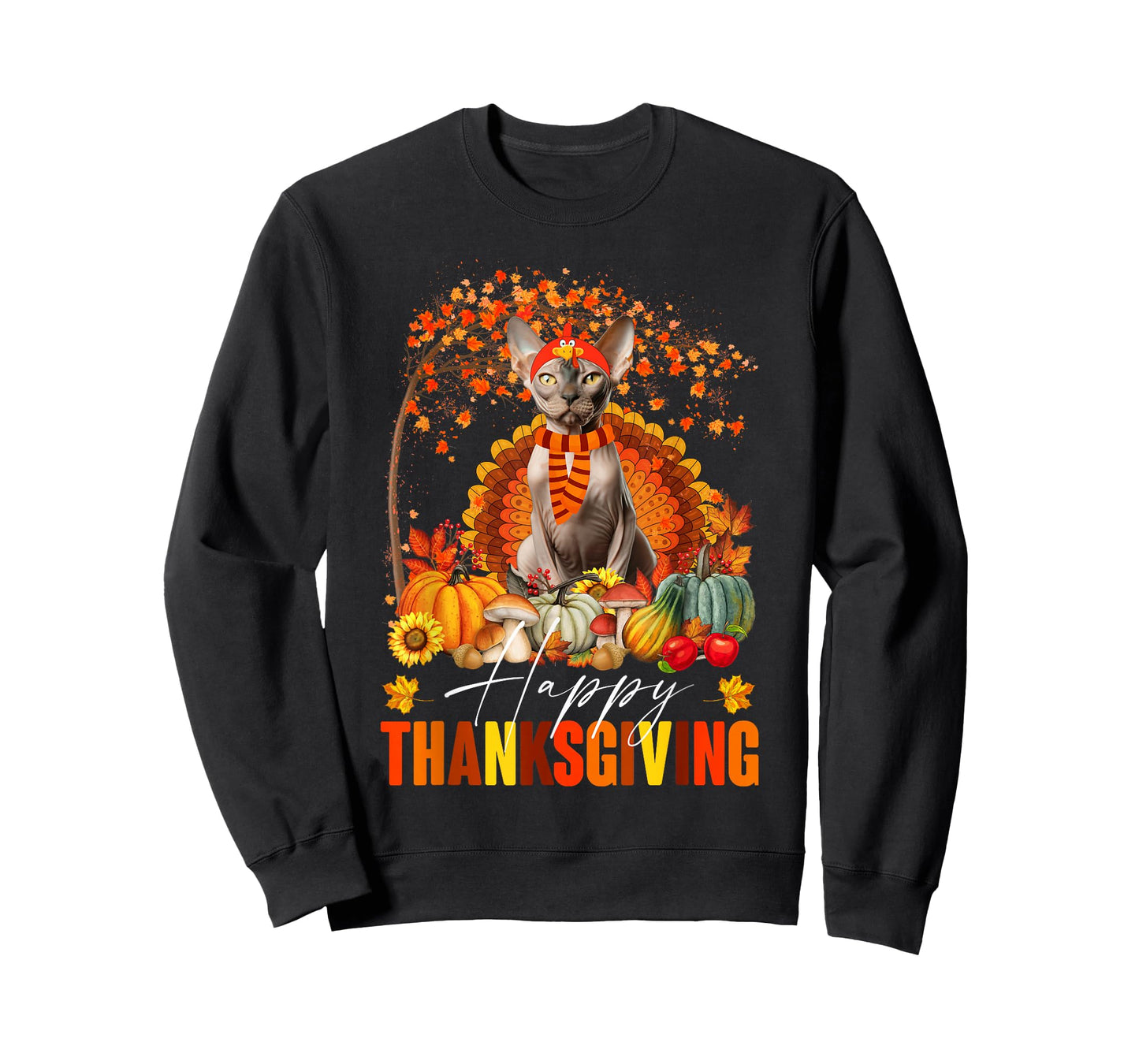 Funny Sphynx Cat In Turkey Costume Happy Thanksgiving Day T-Shirt