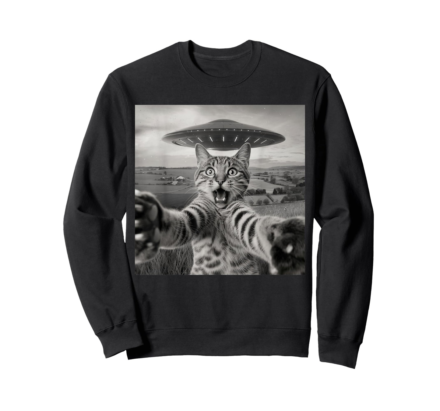 Cat Selfie With Alien UFO Funny Cat Sarcastic Humor Meme Men Women Kids T-Shirt