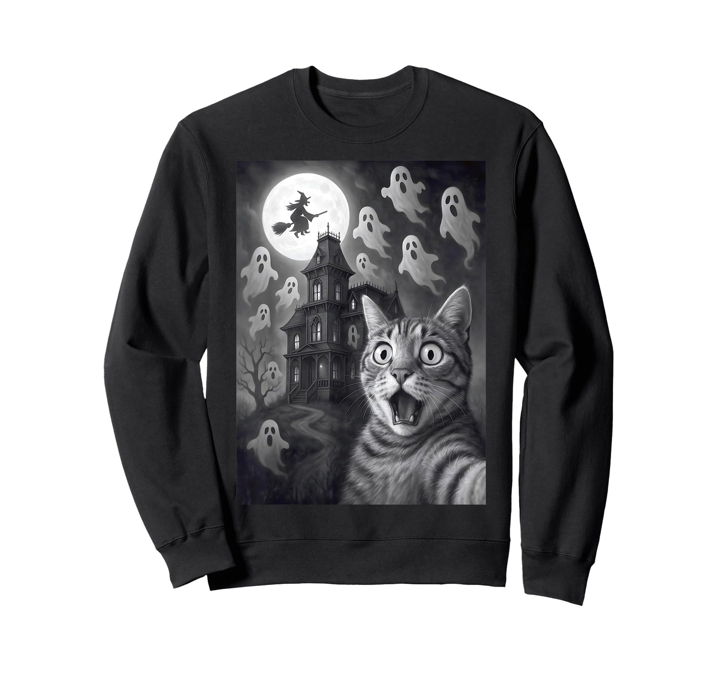 Halloween Cat Selfie Scary House Ghosts Funny Cat Halloween T-Shirt