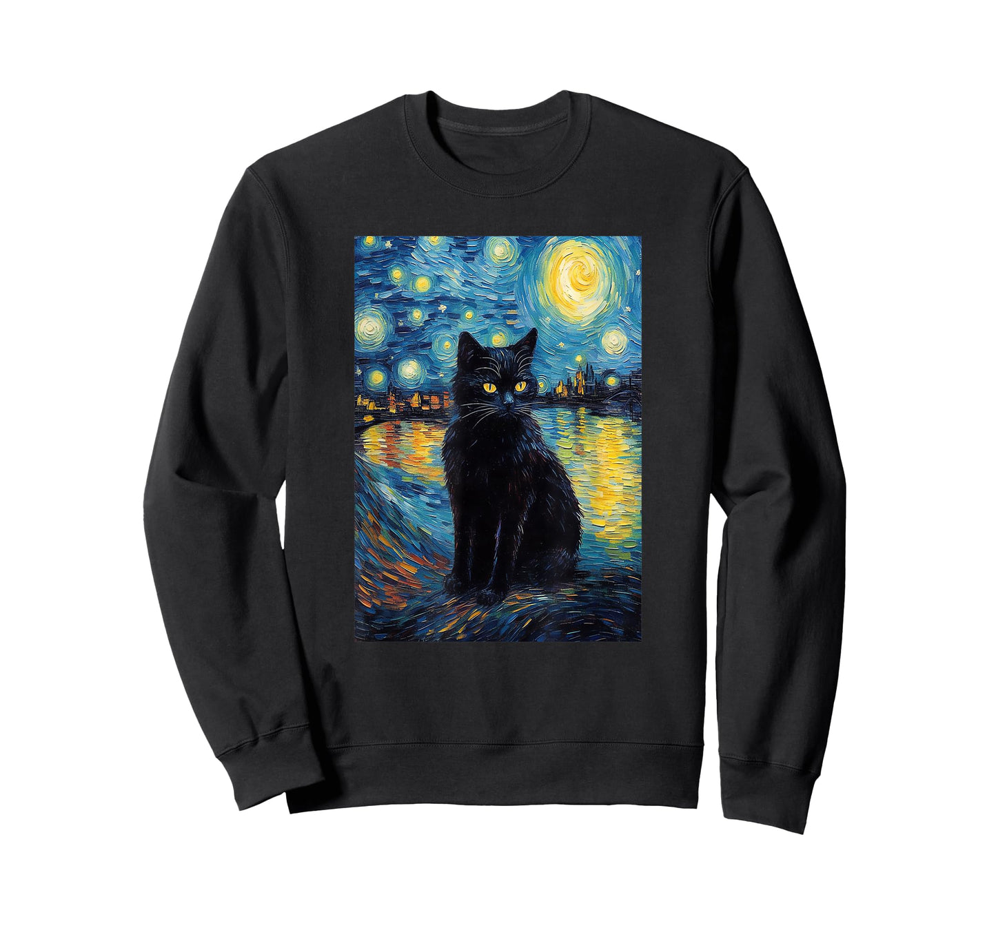 black cat Painting art Starry Night kitty kitten Van Gogh T-Shirt