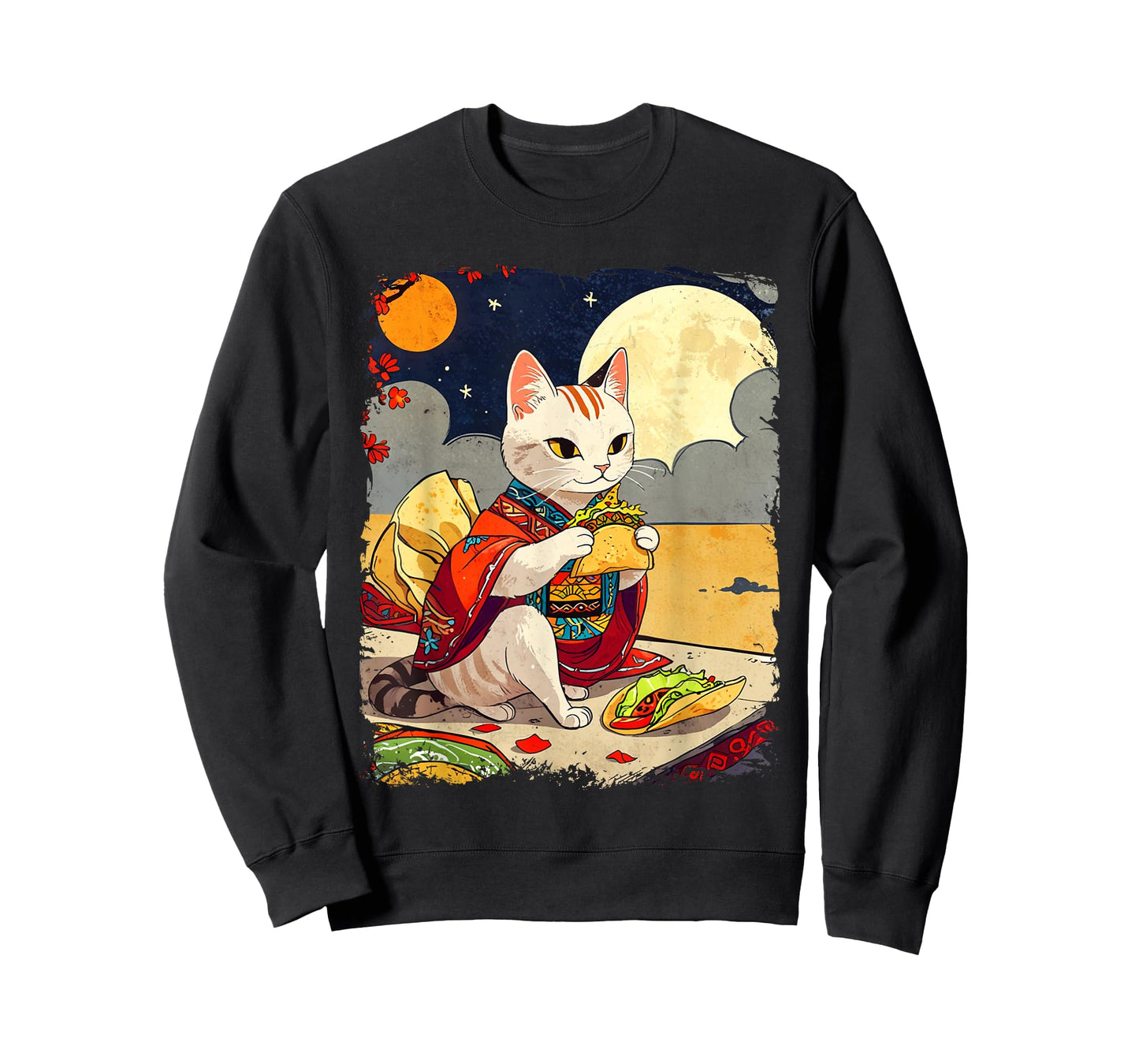 Cat Eating Tacos Funny Taco Cat Ukiyo-e Art Mexican Cat T-Shirt