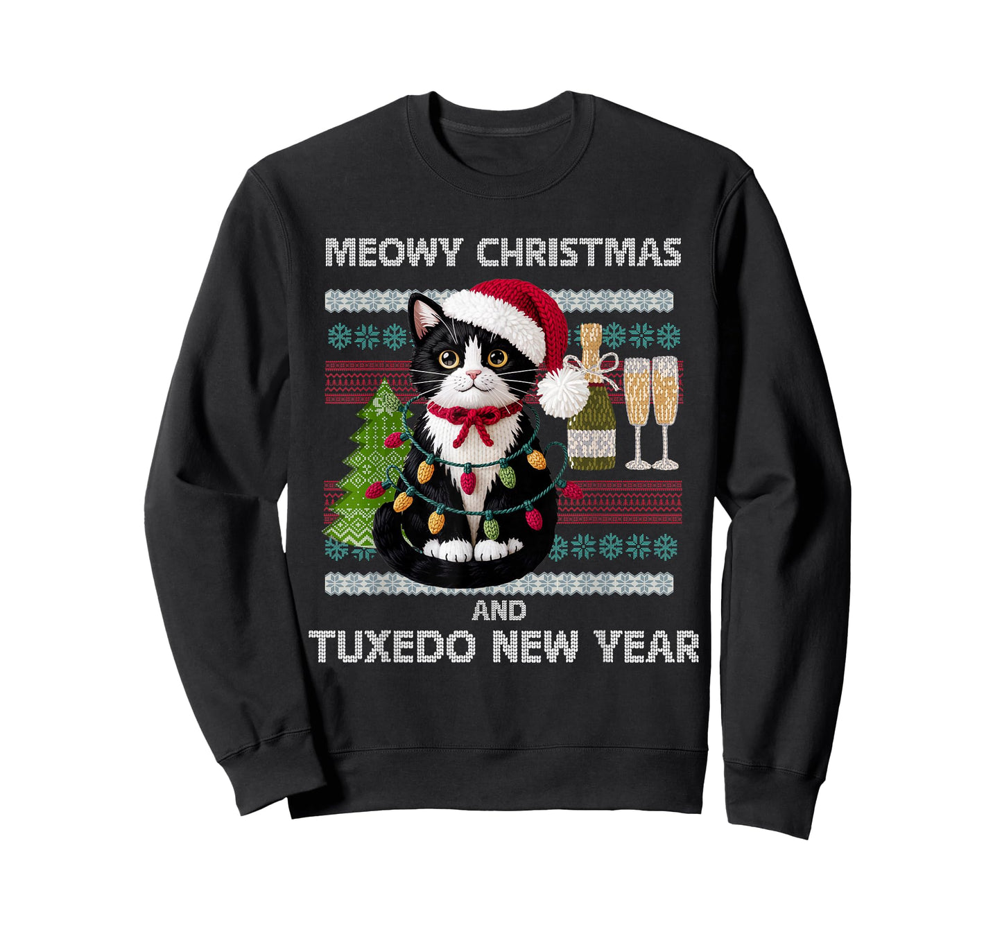 Meowy Christmas Funny Tuxedo Cat Santa Hat Ugly Sweater T-Shirt