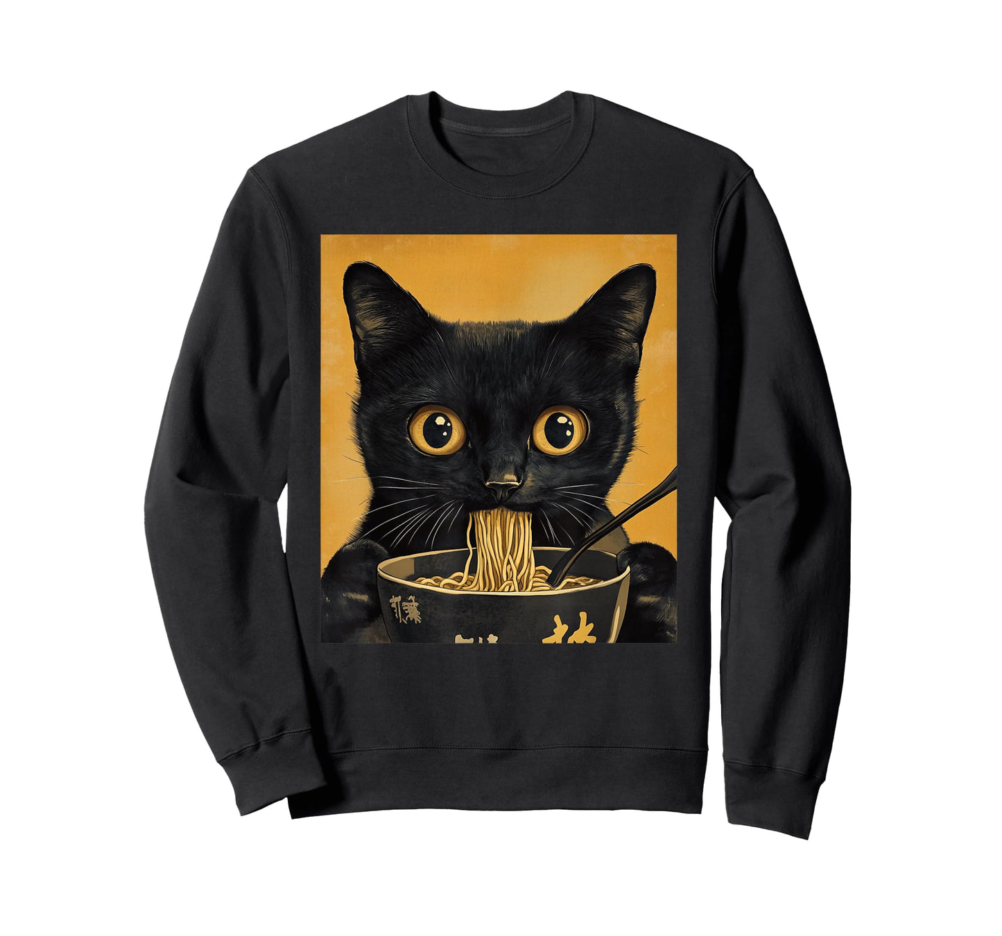 Funny Japanese Black Cat Eating Ramen Noodles T-Shirt