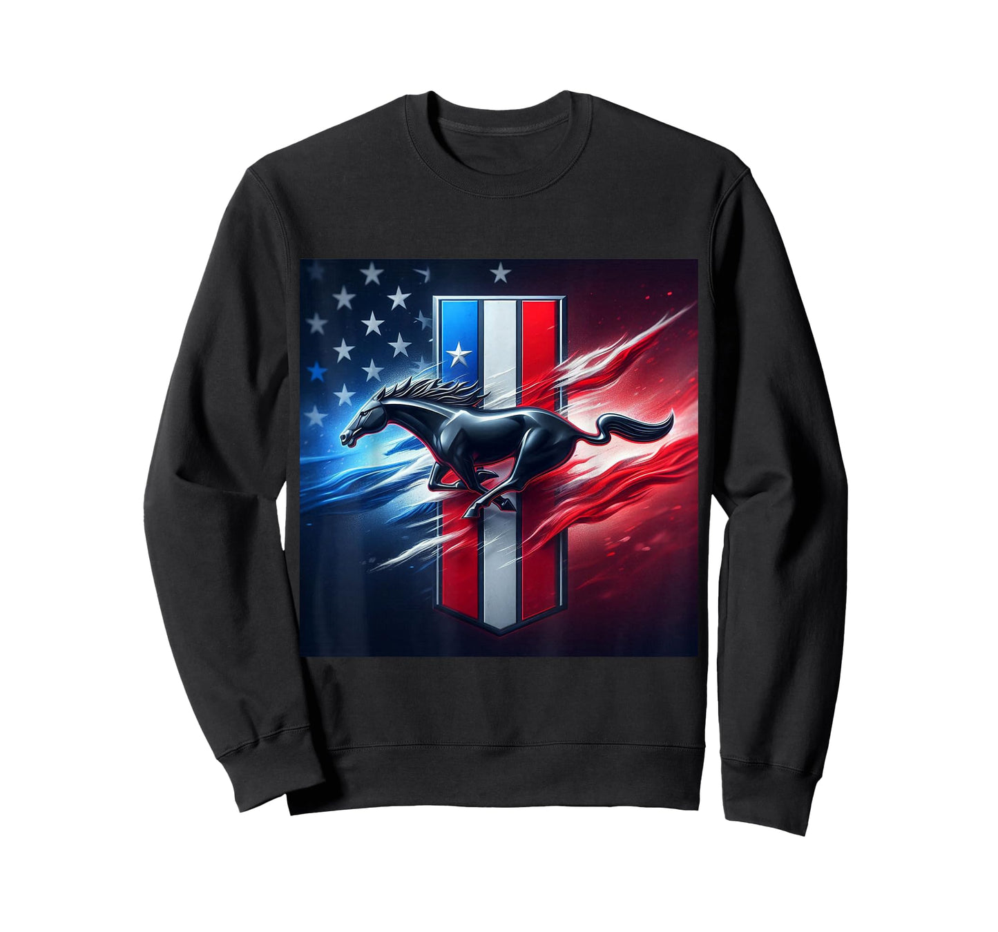 Galloping Mustang on Tri-Bar & Flag Background T-Shirt