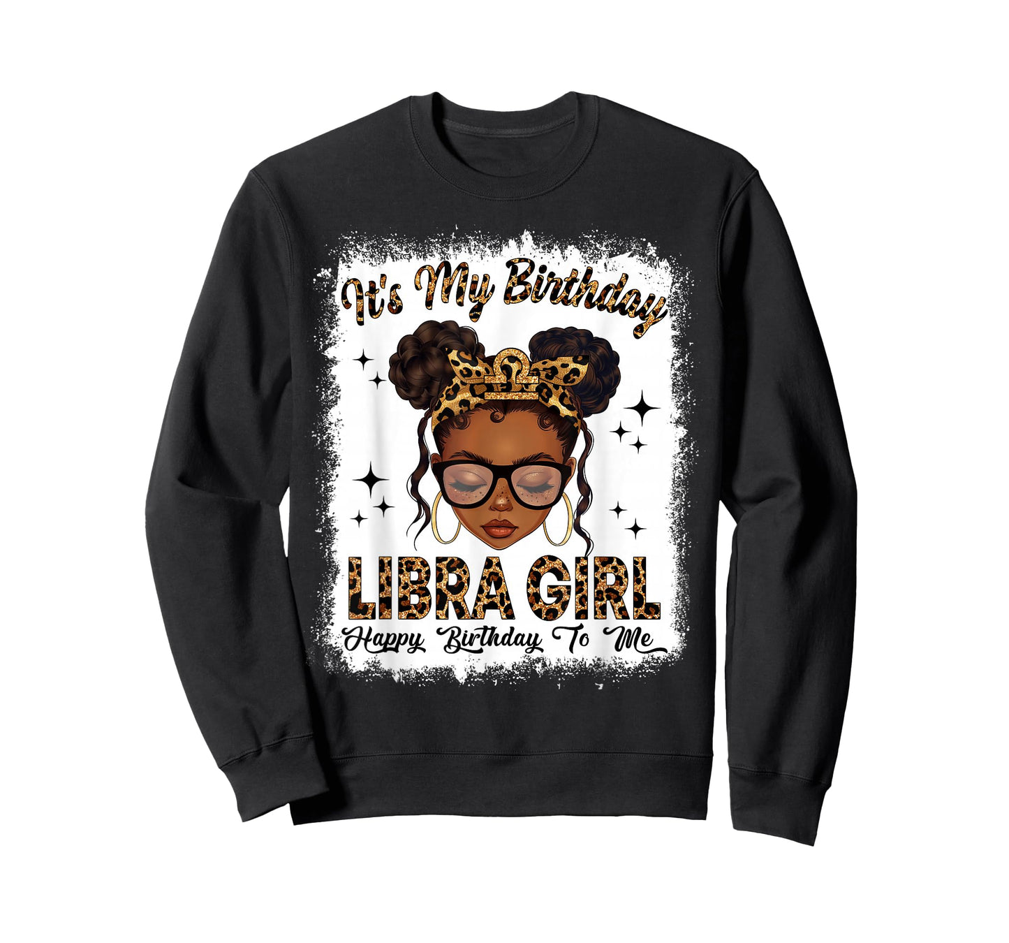 Libra Girl Leopard Messy Bun Black Girl Zodiac Sign T-Shirt