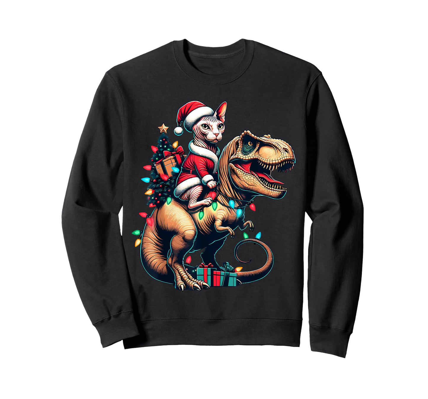 Funny Sphynx Cat Rides Santa T-Rex Vintage Christmas Sphynx T-Shirt for Men Women Kids