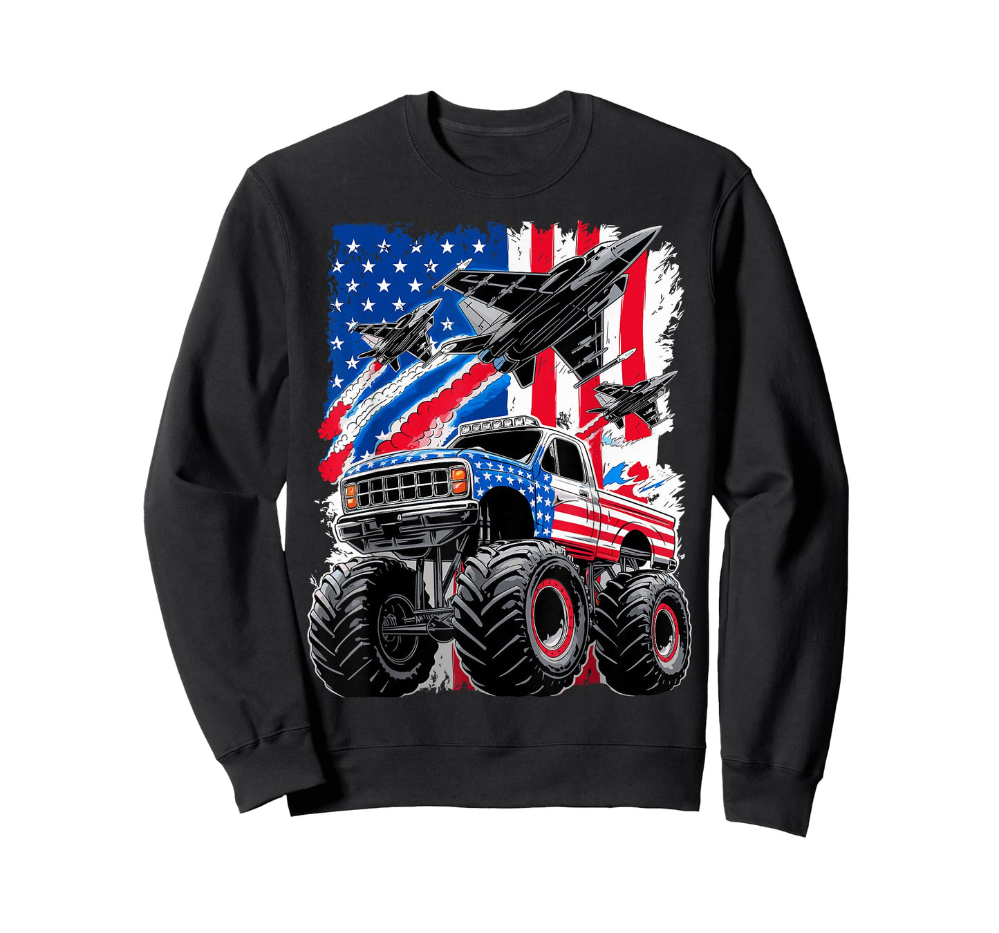 Monster Truck USA Flag Jet Fighter 4th of July T-Shirt