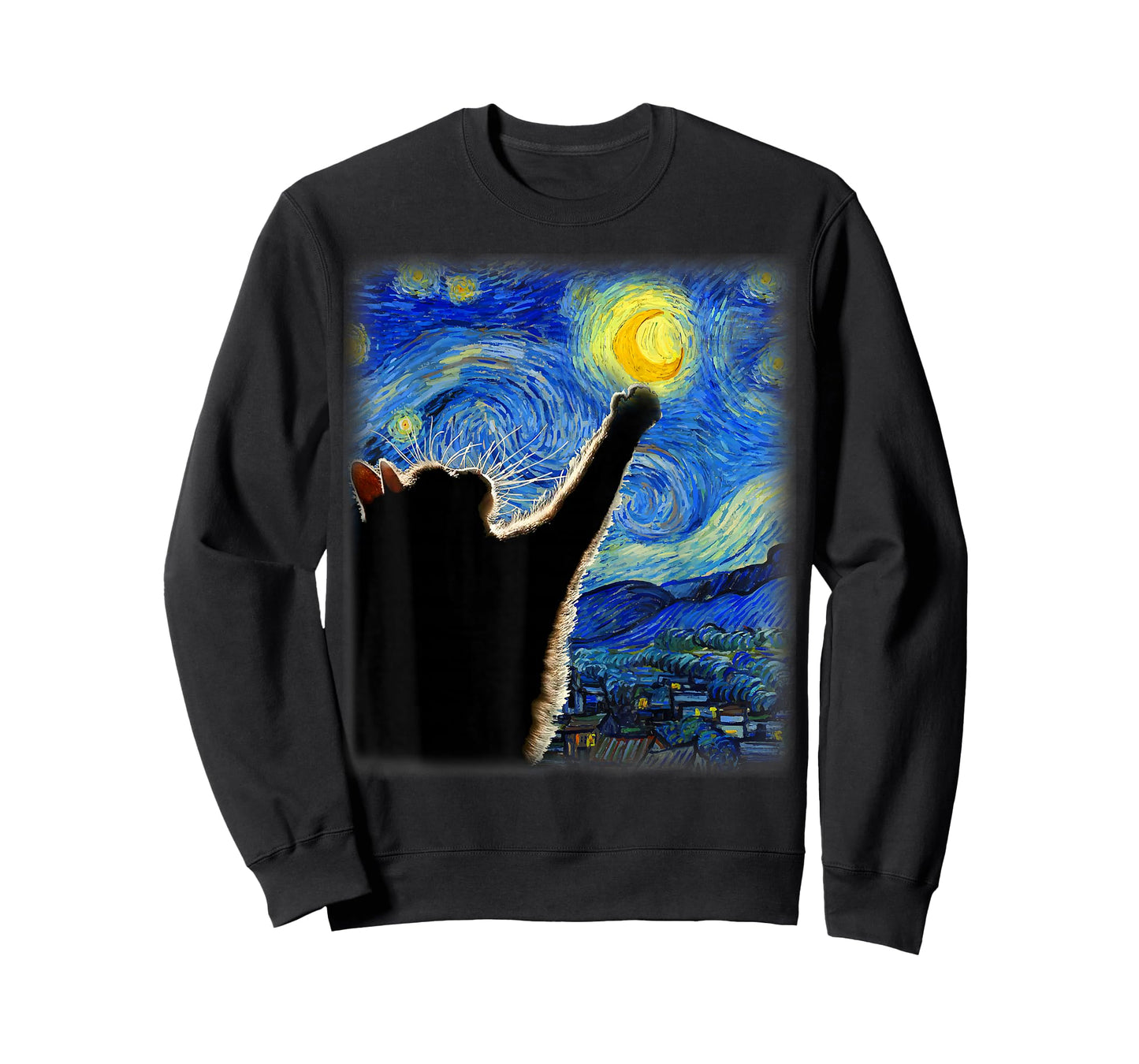 Starry Night Cat, Van Gogh Cat, Cat Lover, Cat Mom, Cat Dad T-Shirt, Black