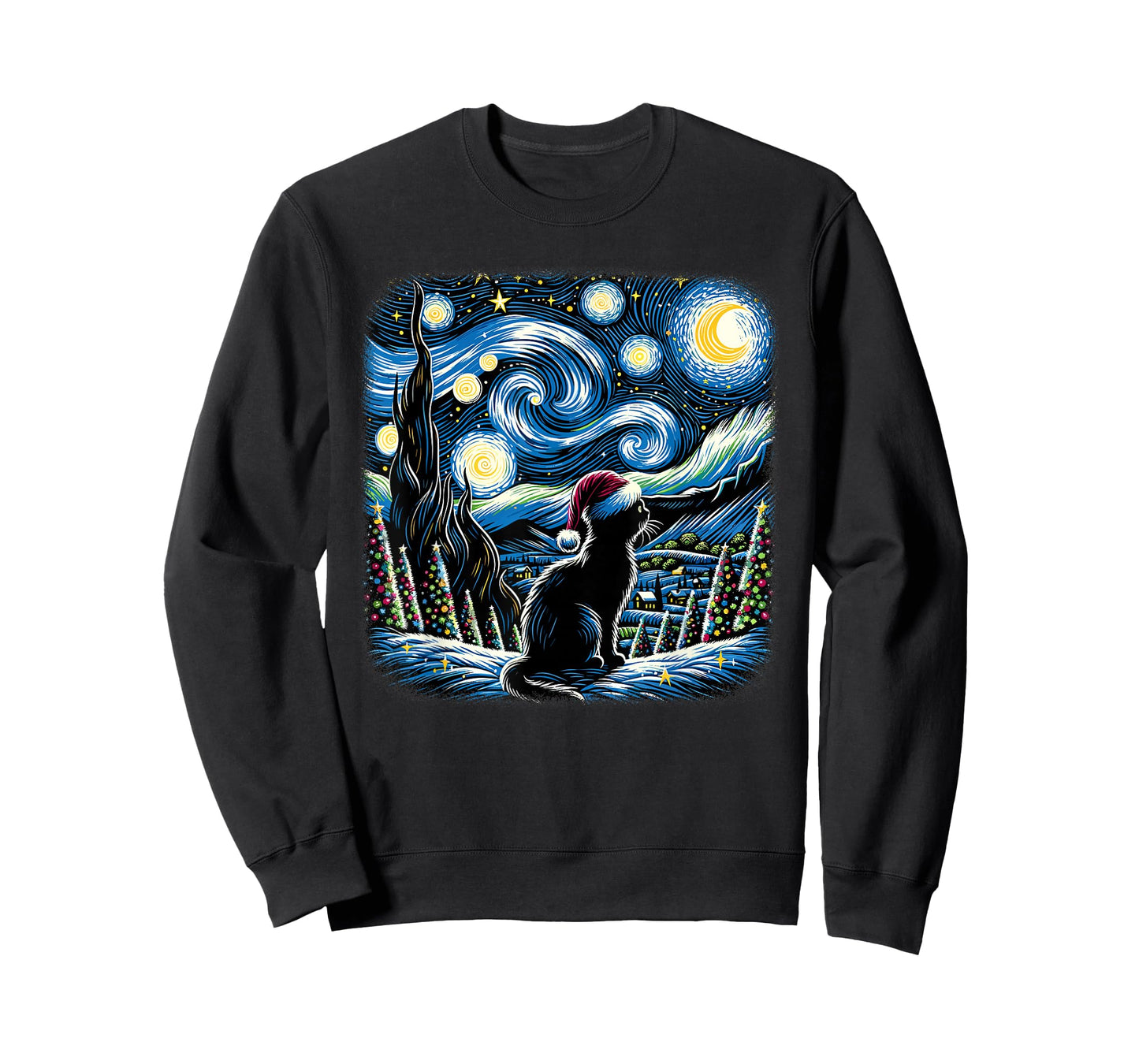 Van Gogh Starry Night Festive Christmas Black Cat Santa Hat T-Shirt