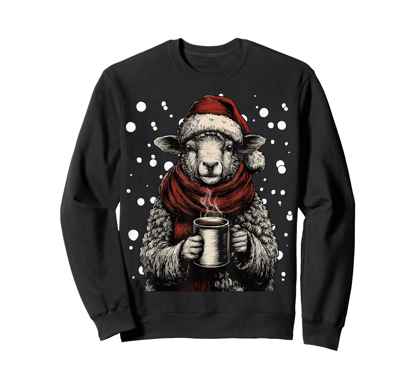 Cute Christmas Sheep Santa Hat Coffee Lover Funny Winter T-Shirt
