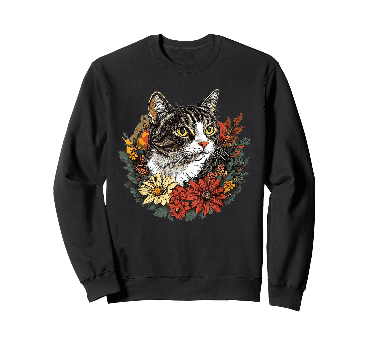 Tabby Cat Surrounded By Colorful Flowers T-Shirt